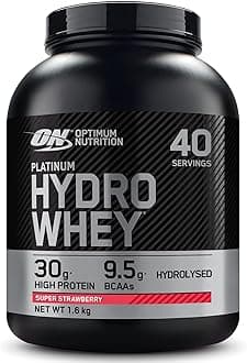 Optimum Nutrition Platinum Hydro Whey, Hydrolysed Whey Protein Isolate Powder with Essential Amino Acids, Glutamine and BCAA, Super Strawberry Flavour, 40 Servings, 1.6 kg