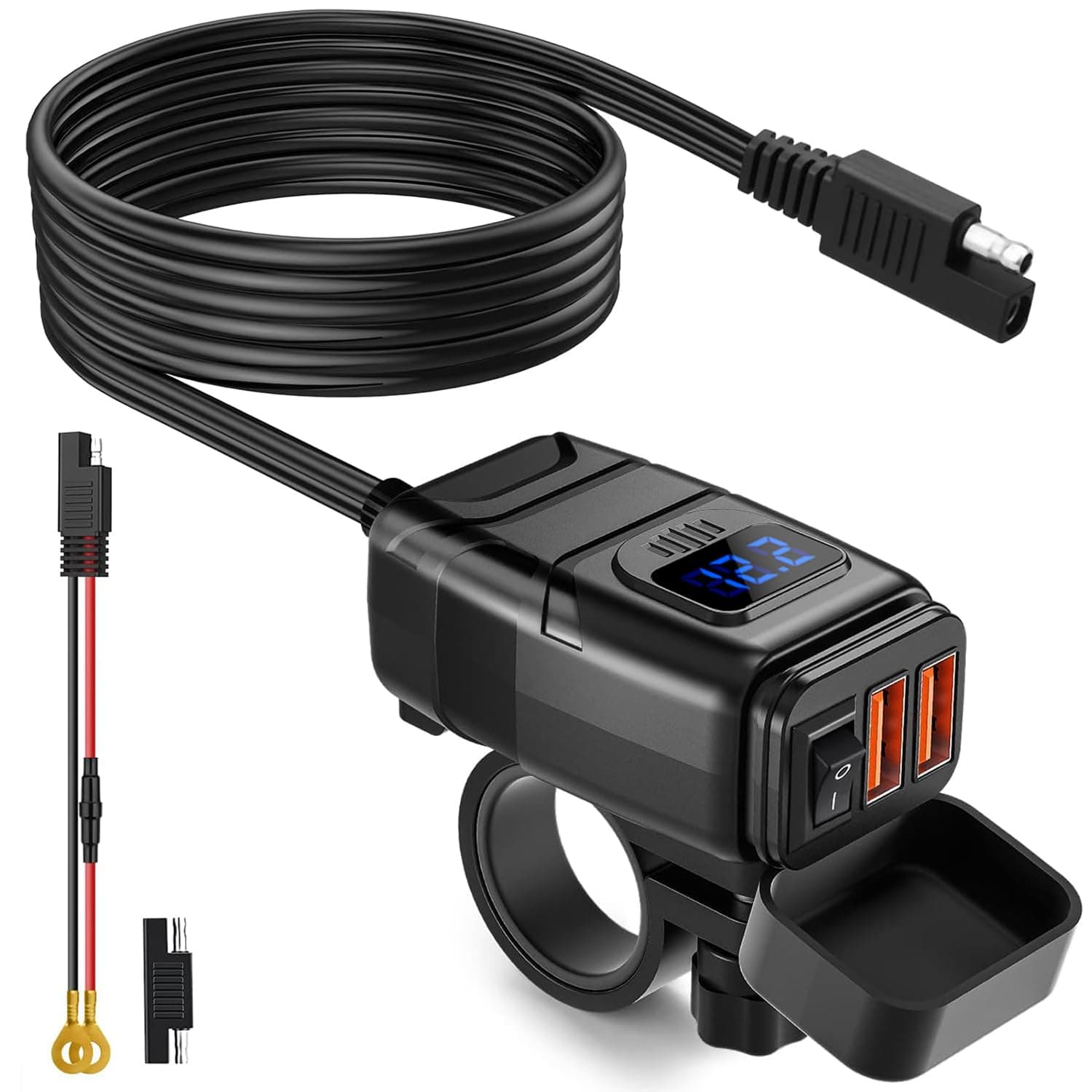 Motorcycle USB Charger, 6.8A Quick Charge 3.0 Dual USB Motorcycle Phone Charger with Voltmeter & ON/Off Switch, Waterproof Quick Disconnect SAE to USB Adapter for Phone, Tablet, GPS - Blue