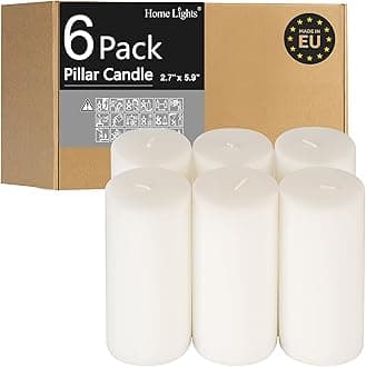 HomeLights Pillar Candles - 2.7x6 inch | 60 Hours Burning, 6 Count - White Unscented Smokeless European Pillar Candles - Perfect for Wedding, Parties, Spas, Home Gatherings and Dinner