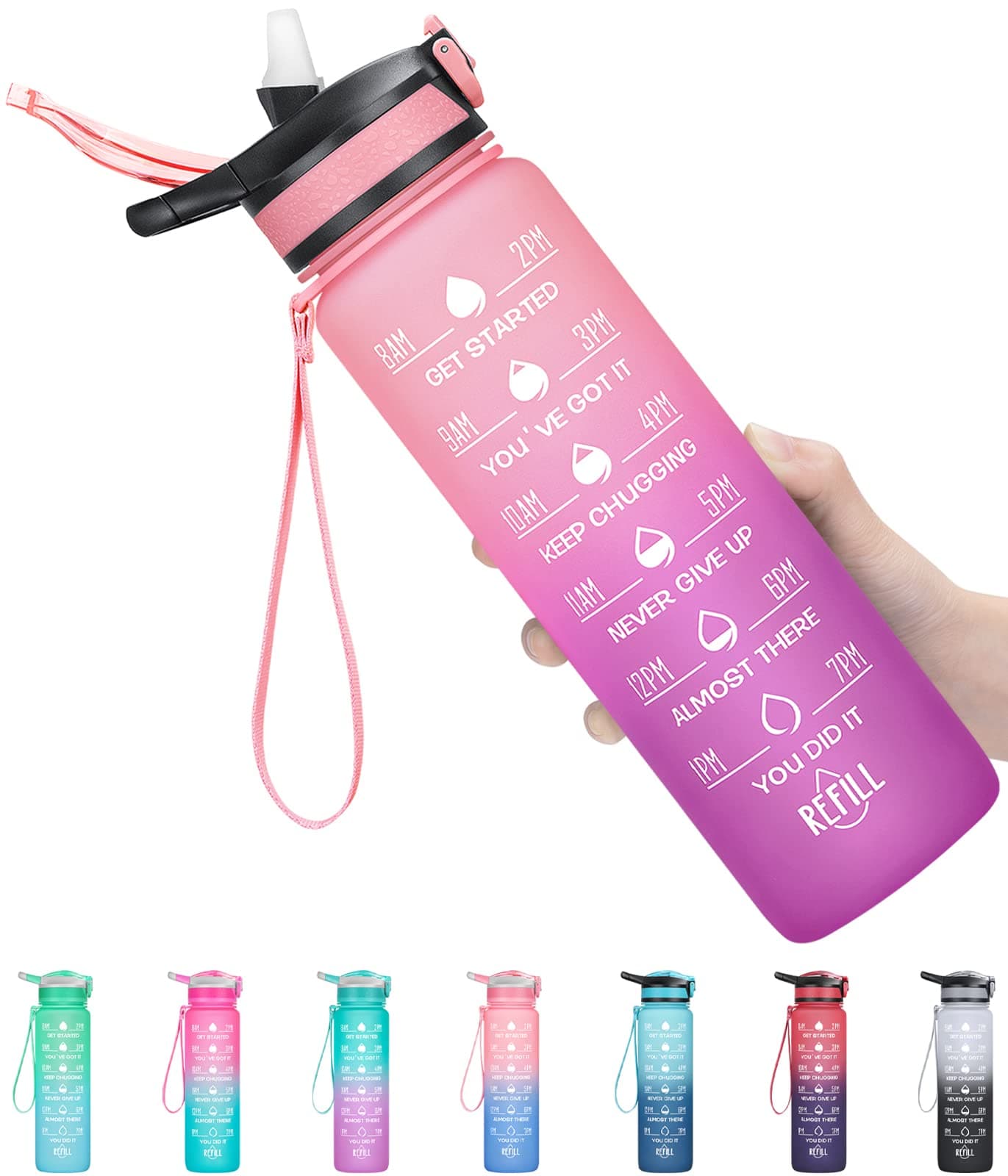 ELYPHINE 32/24 oz Water Bottles with Removable Straw & Time Marker, Motivational Sports Bottles with BPA Free Tritan Material, Leakproof Water Jug for Fitness