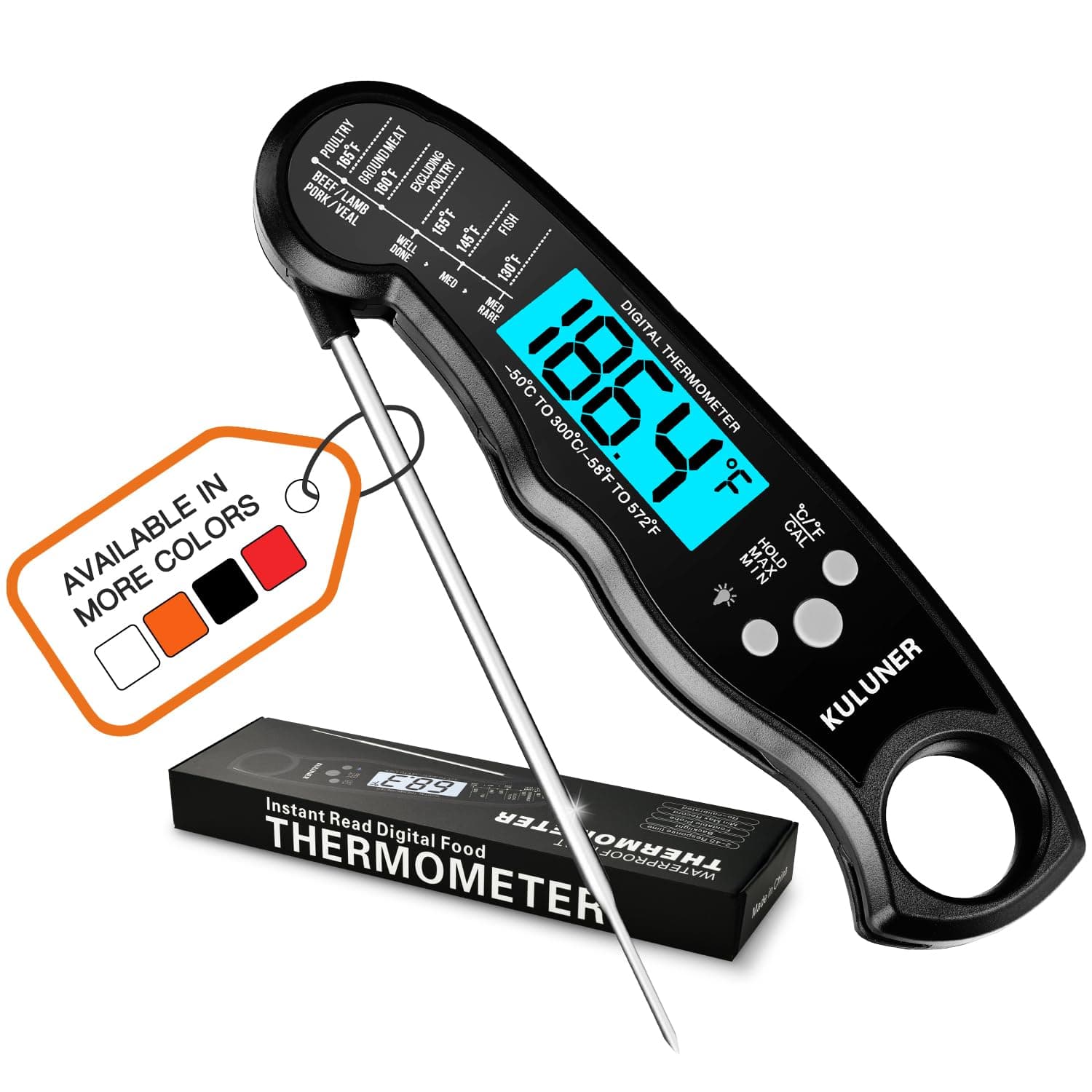 KULUNER TP-01 Waterproof Digital Instant Read Meat Thermometer with 4.6 Folding Probe Backlight Calibration Function for Cooking Food Candy, BBQ Grill, Liquids,Beef(Black)