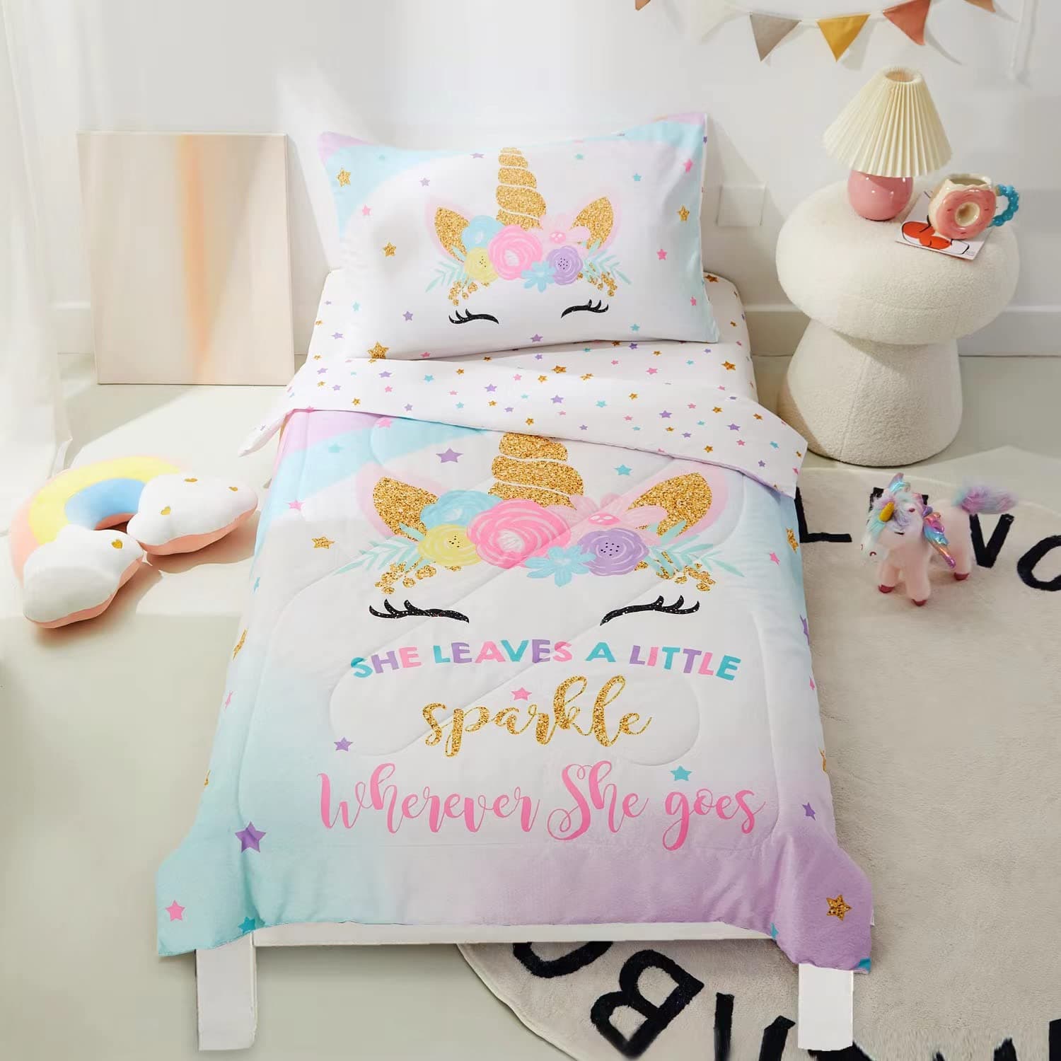 4-Piece Toddler Bedding Set, Includes 1 Flat Sheet, 1 Fitted Sheet, 1 Comforter and 1 Reversible Pillowcase, Standard Toddler Comforter & Sheet Set, Ultra Soft Toddler Bed Set, Unicorn