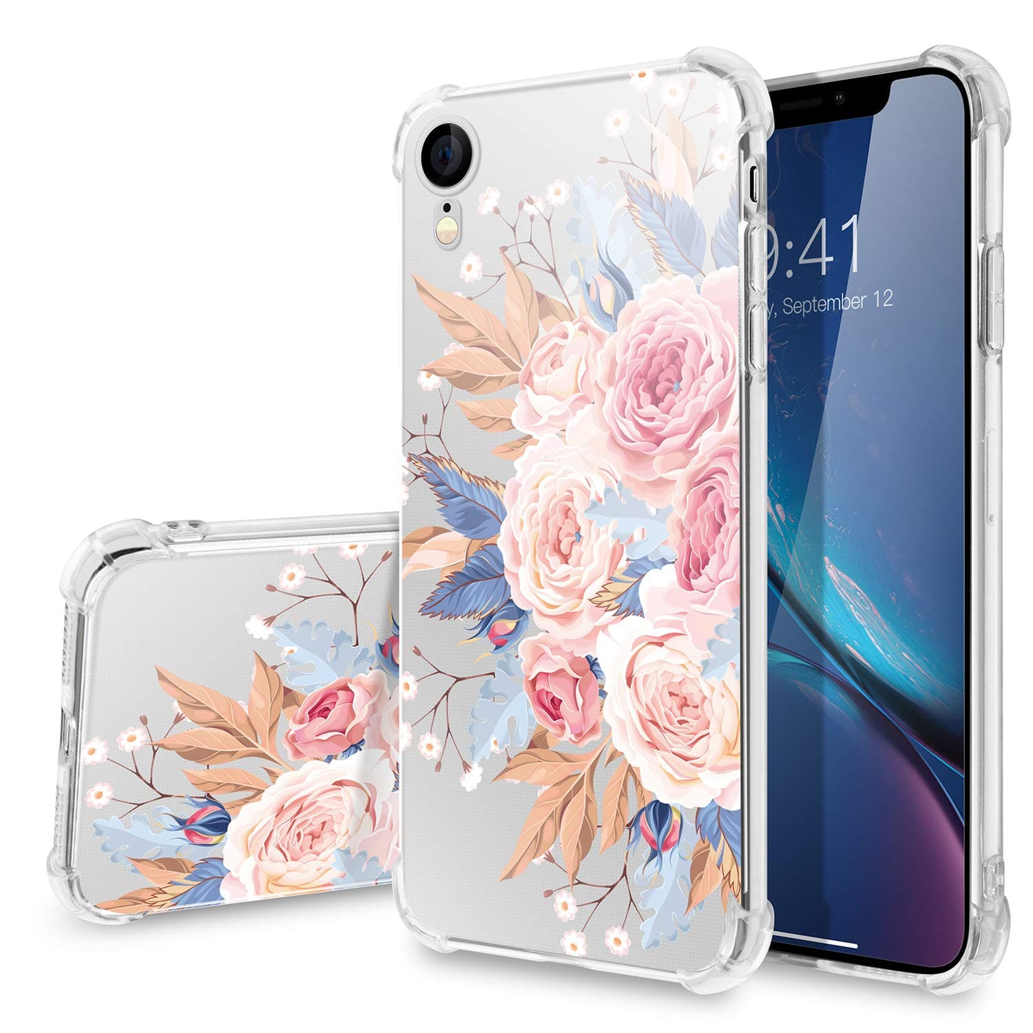iPhone Xr Case,WATACHE Flower Floral Pattern Glitter Diamond Finger Ring Grip Holder Soft TPU Protective Cover with Reinforced Corners Cushion for iPhone Xr (6.1") - Colorful Flower#2