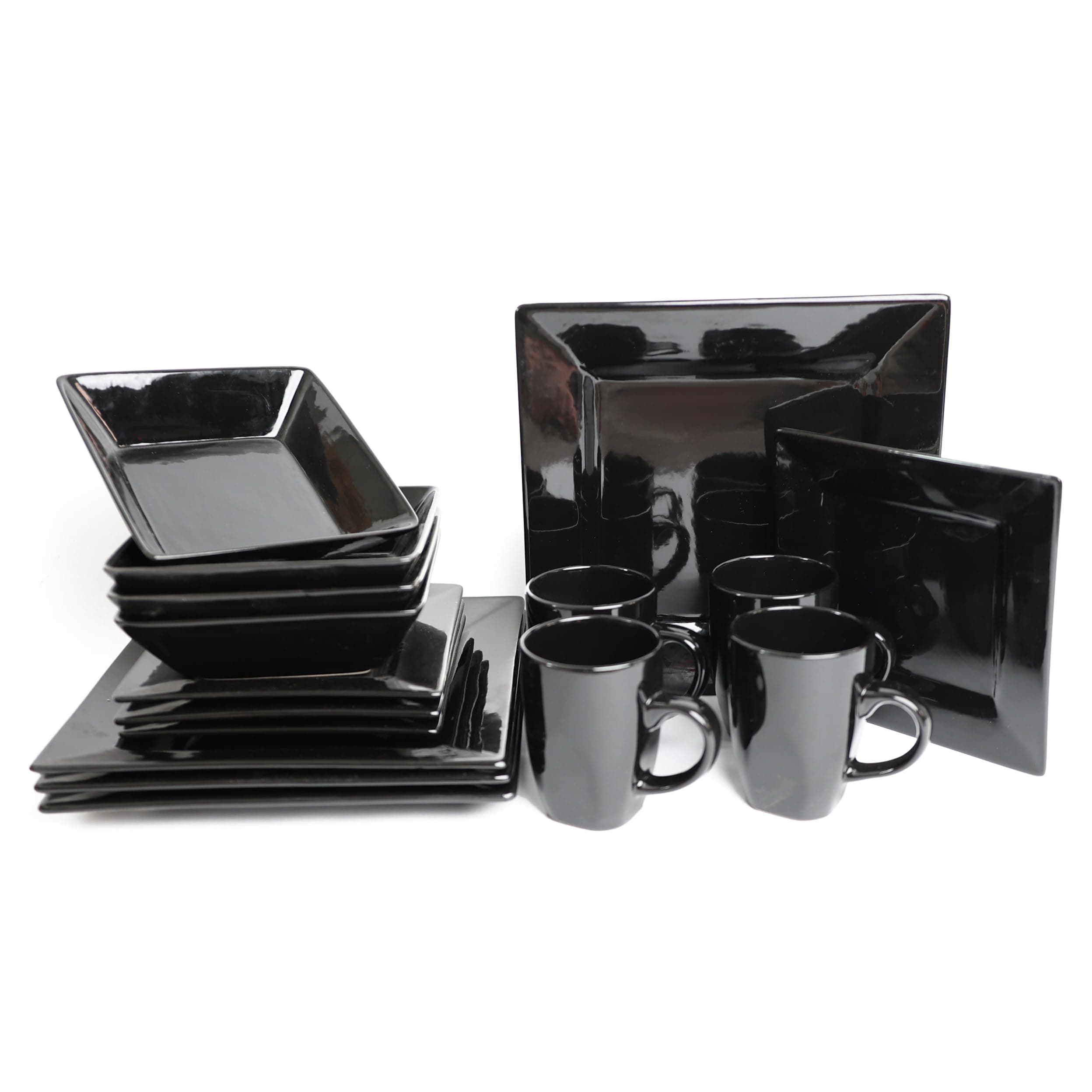 DIVCHI 16 Piece Dinnerware Set Square Kitchen Dinner Sets for 4 | Dessert Plates | Cereal Bowls | Mugs | Side Plate | Tableware | Combination Sets - Dishwasher Microwave & Oven Safe (Black)