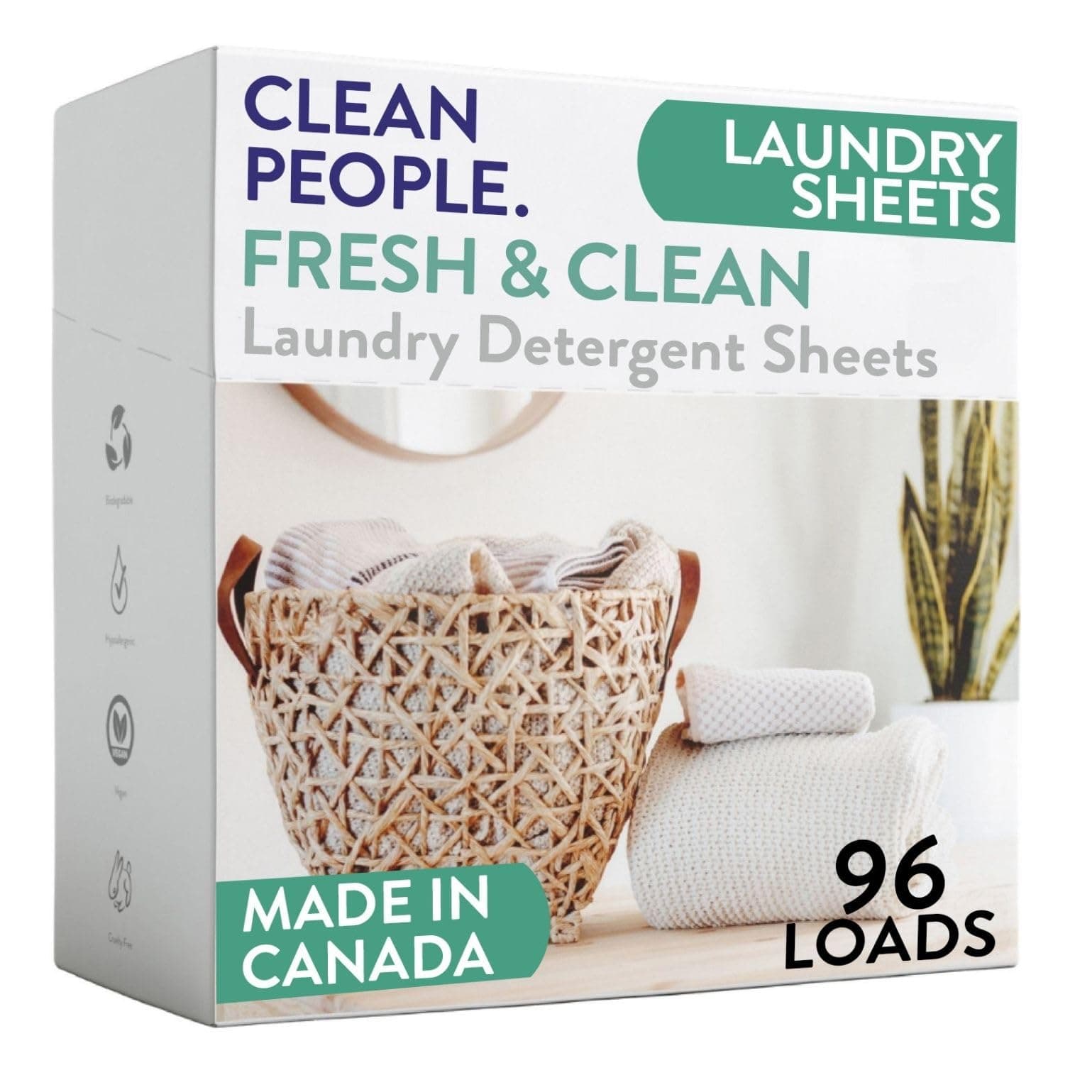 Clean People Laundry Detergent Sheets - Plant-Based, Hypoallergenic Laundry Soap - Ultra Concentrated, Plastic Free, Natural Ingredients, Recyclable Packaging, Stain Fighting - Fresh Scent, 96 Pack