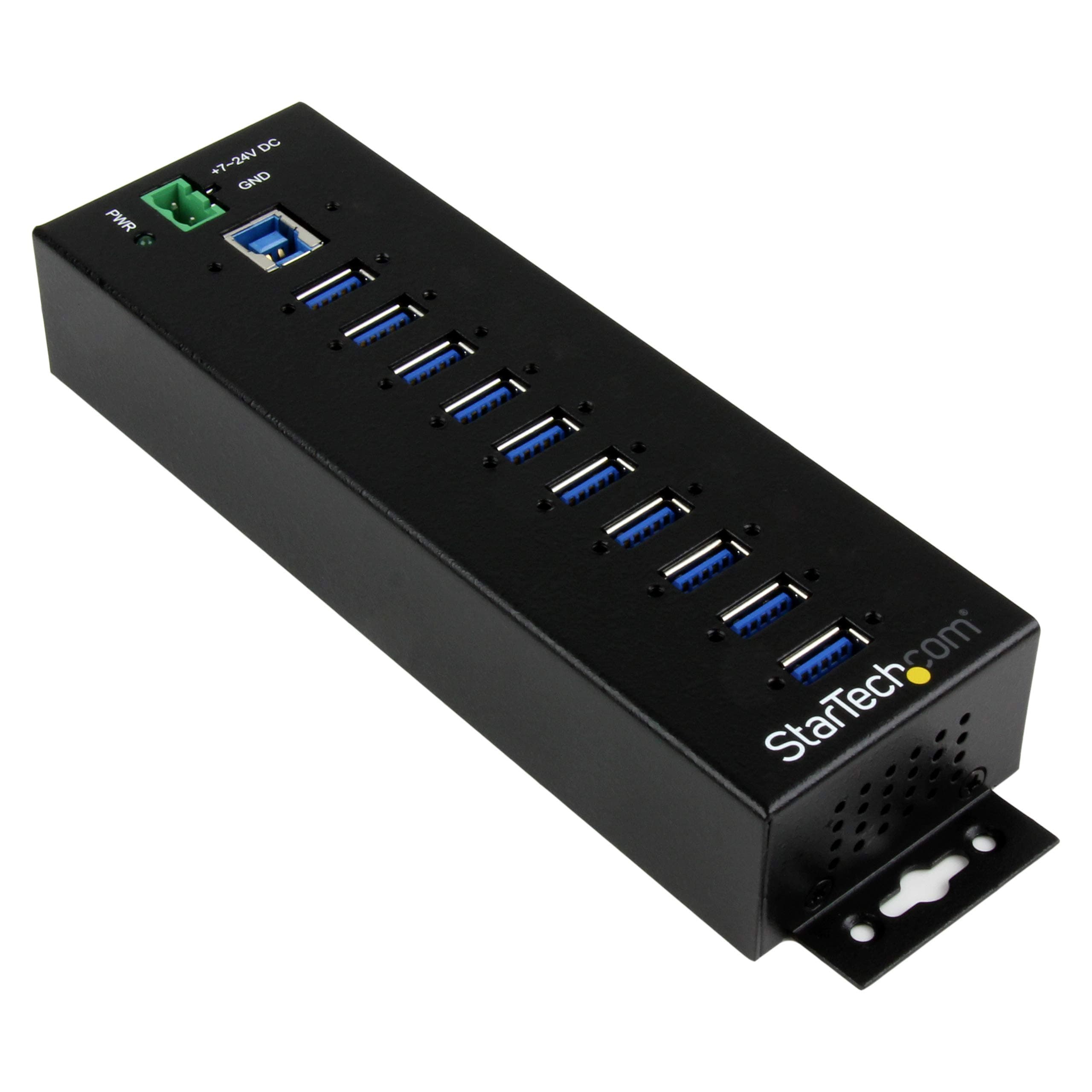 StarTech.com 10 Port USB Hub with Power Adapter - Surge Protection - Metal Industrial USB 3.0 Data Transfer Hub - Din Rail, Wall or Desk Mountable - High Speed USB 3.1 Gen 1 5Gbps Hub (HB30A10AME)