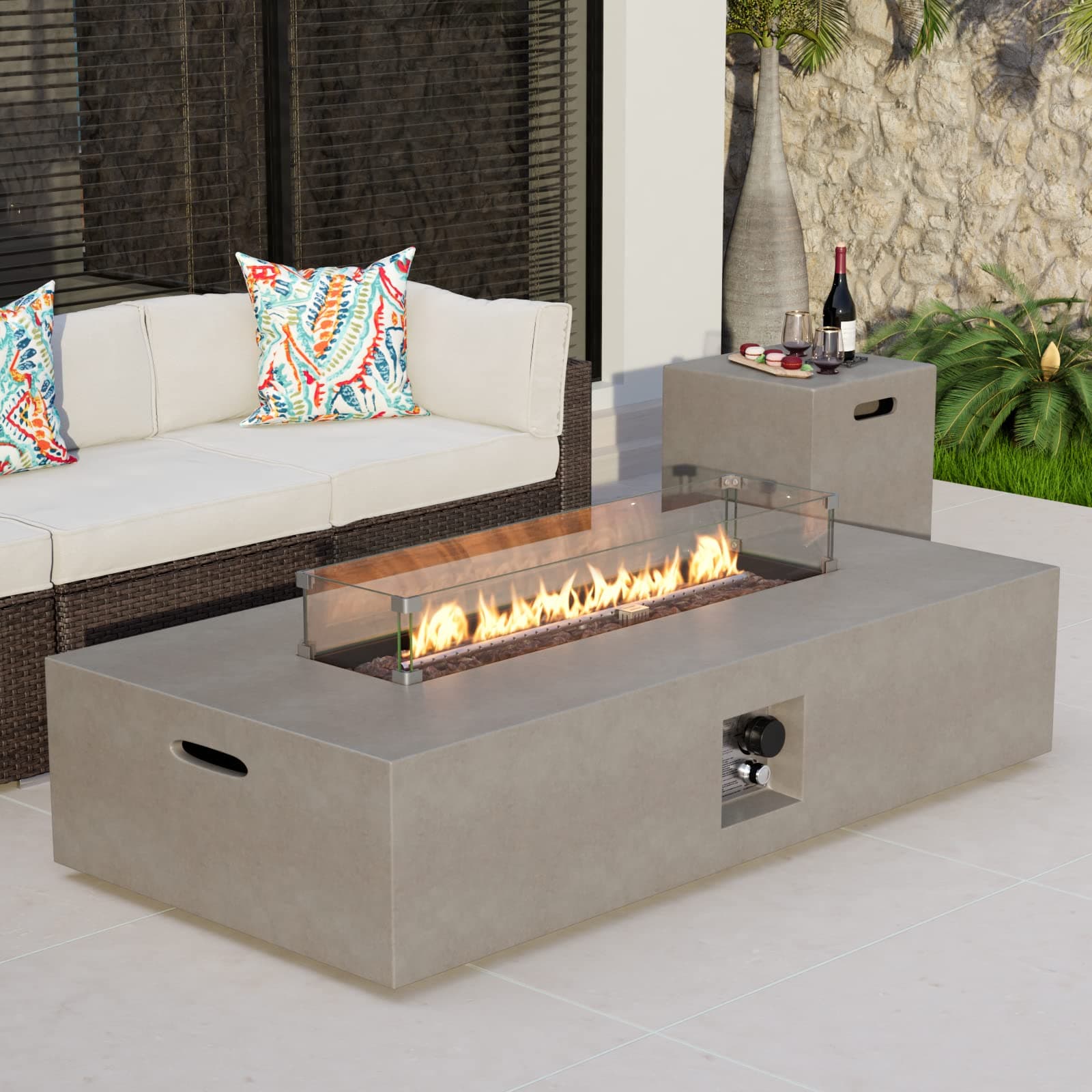 COSIEST 2-Piece Outdoor Propane Fire Table Set, Rectangle Concrete 56" x 28" Gray Fire Pit (Certified, 50,000 BTU) w 20lb Tank Table, Wind Guard, Waterproof Cover for Garden, Porch, Backyard