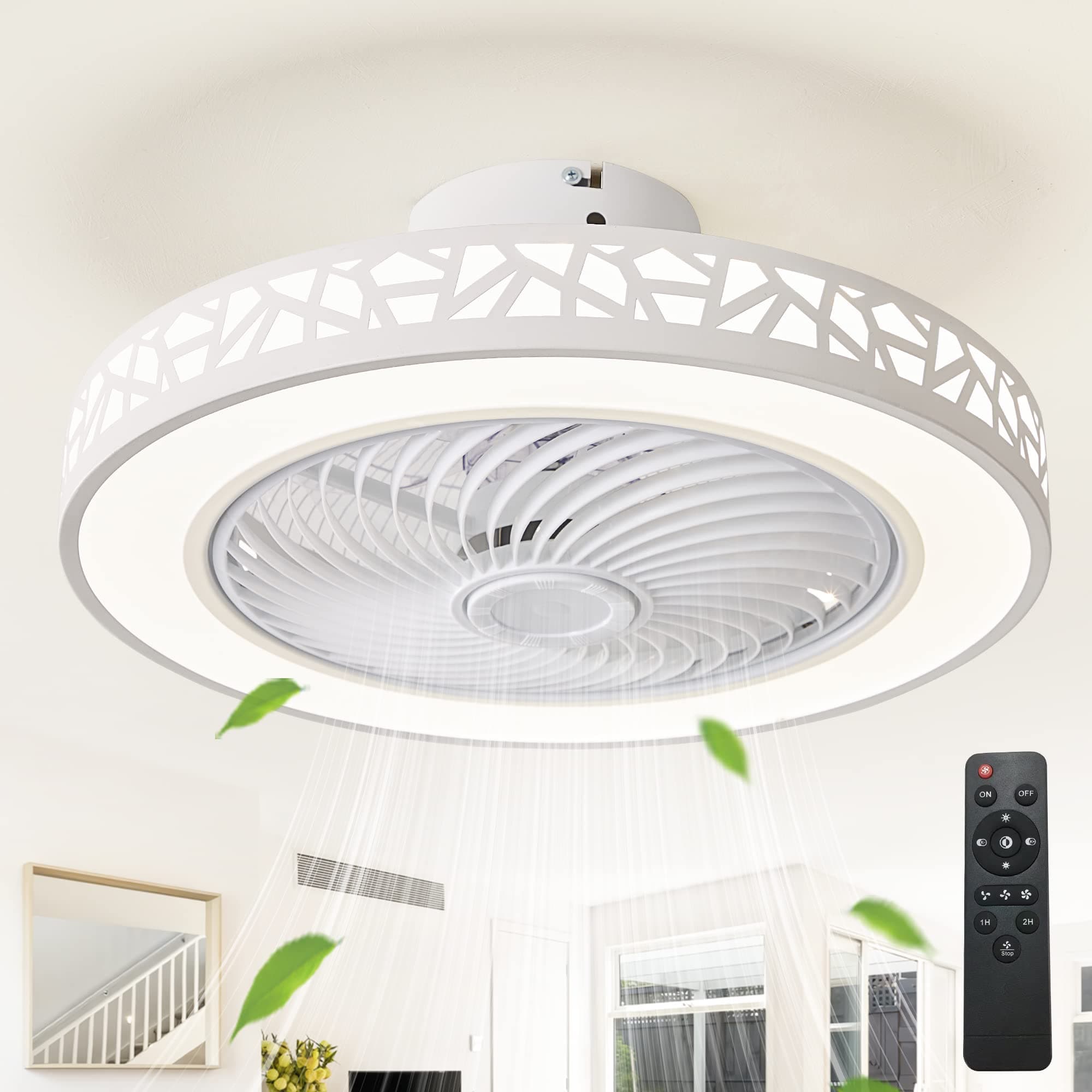 JUTIFAN Ceiling Fan with Lights Remote Control, 19" Modern Low Profile Ceiling Fan with 3 Color Changing, 72W Enclosed Ceiling Fan Led Fan Lights with Smart Timing for Bedroom, Living Room