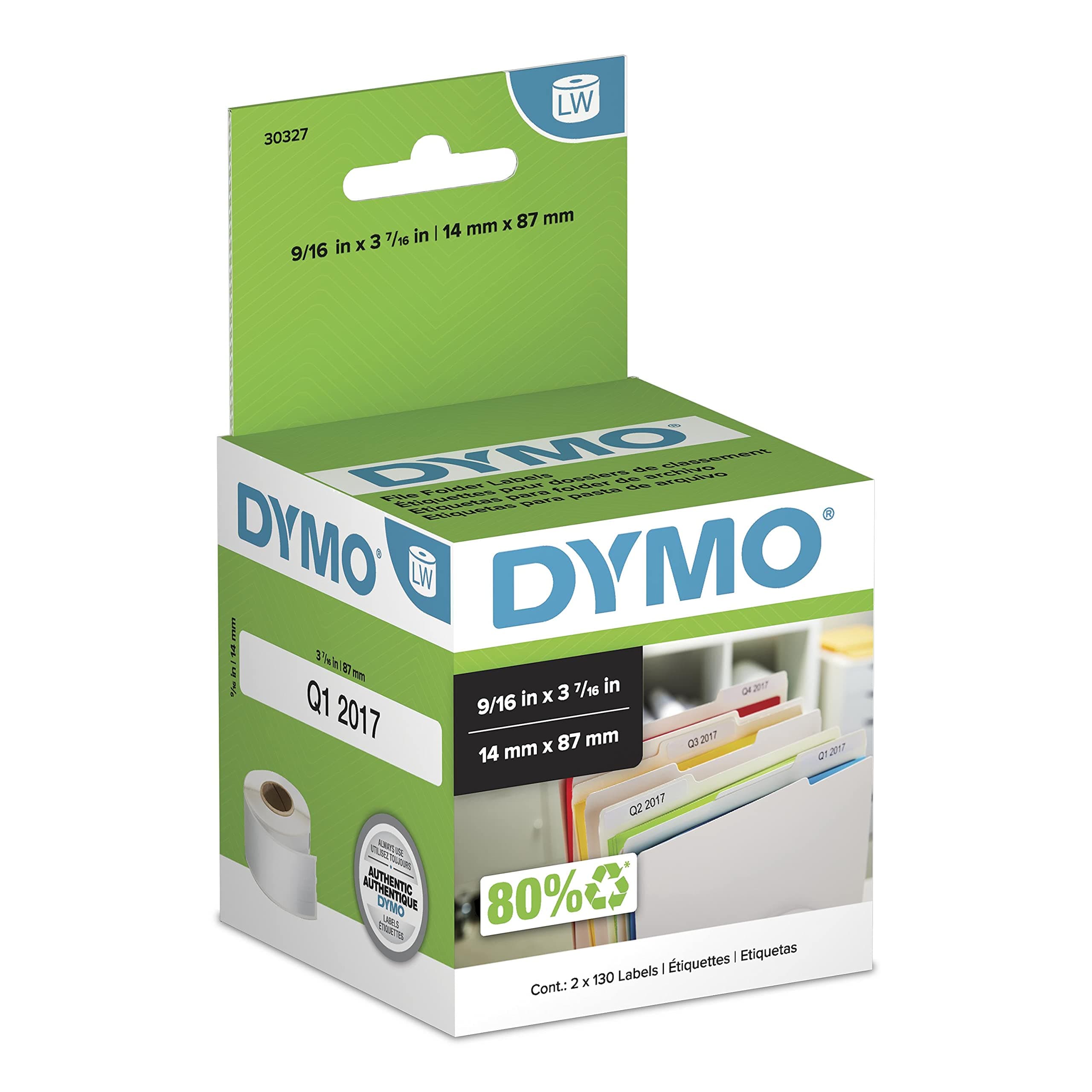 DYMO Authentic LW 1-Up File Folder Labels DYMO Labels for LabelWriter Label Printers White 9/16" x 3-7/16" 2 Rolls of 130 (260 Total)