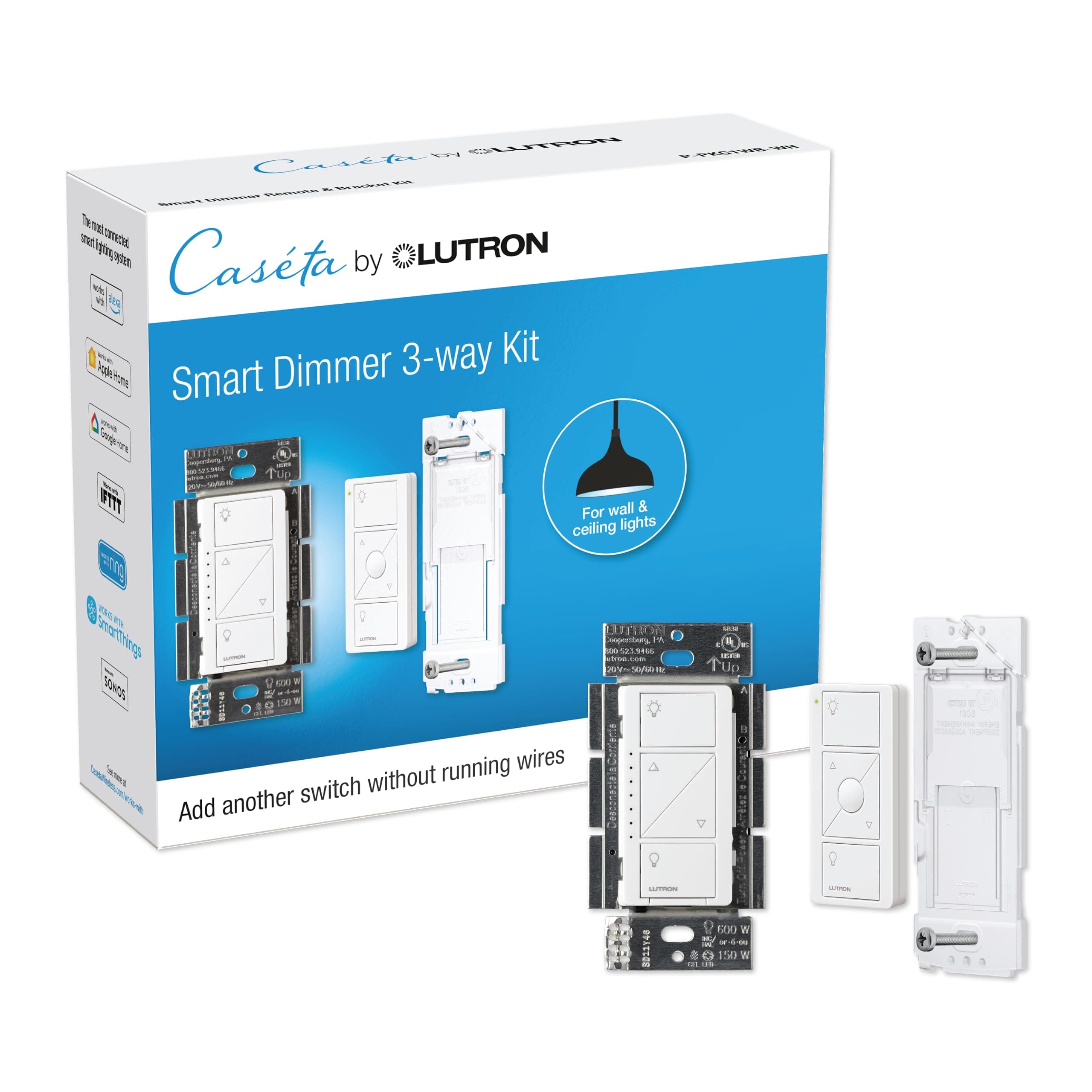 Caseta 3 Way Smart Dimmer Light Switch Kit, Includes Pico Remote, Bracket, and LED Dimmer Switch, No Neutral Required, P-PKG1WB-WH