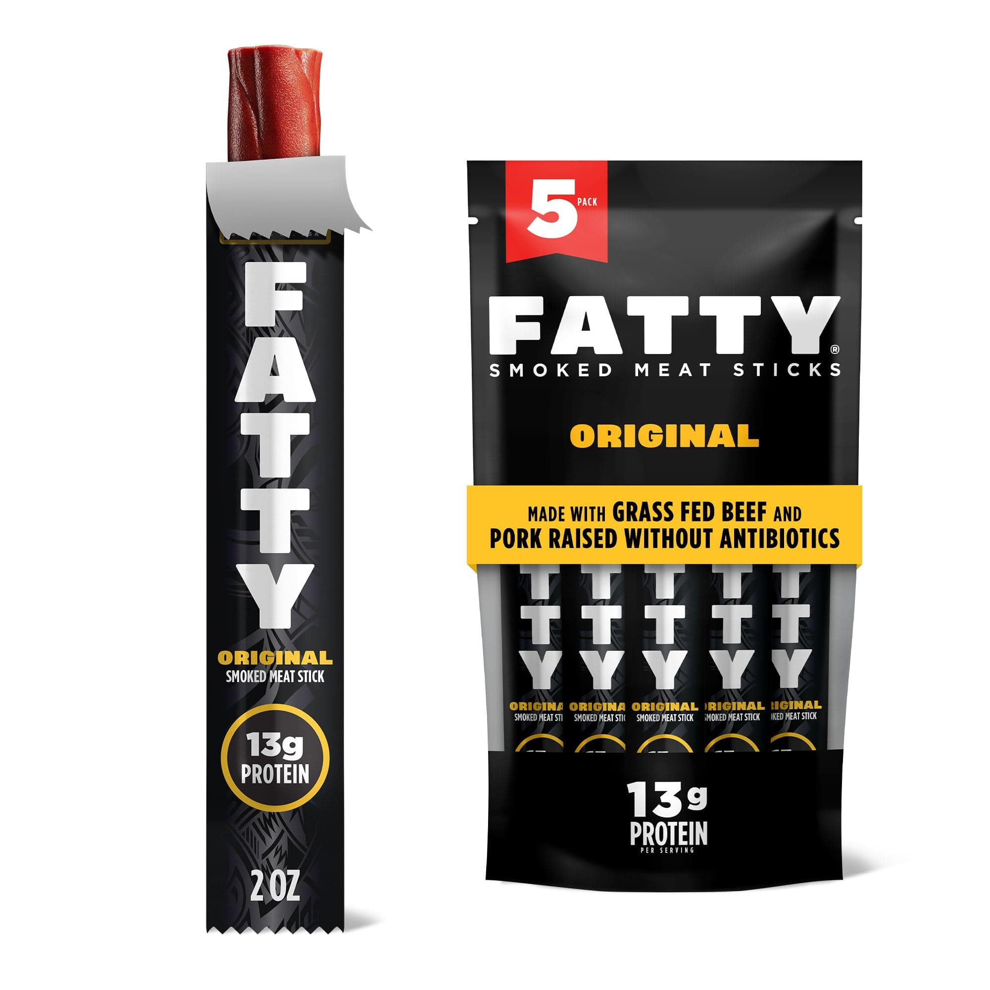 FATTY Meat Sticks, Made with Grass Fed Beef, Pork Raised Without Antibiotics, 13g Protein Per Stick, Original, Easter Basket Stuffer for Men, 2 oz. (Pack of 5)
