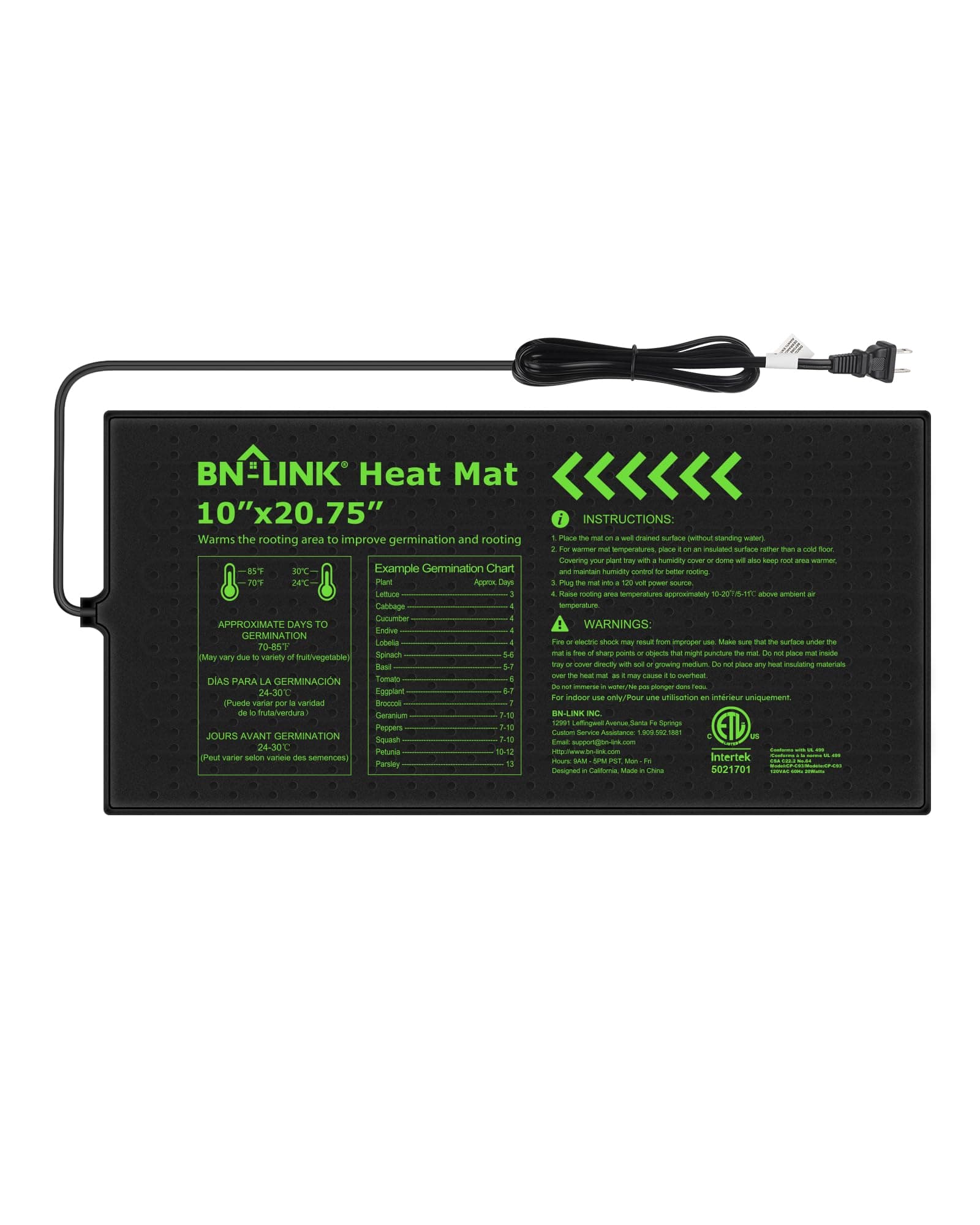 BN-LINK Durable Seedling Heat Mat for Seed Starting 10" x 20.75", Waterproof Warming Mat Plant Heating Pad for Seed Germination, Indoor Growing, Hydroponic, Greenhouse, ETL Listed