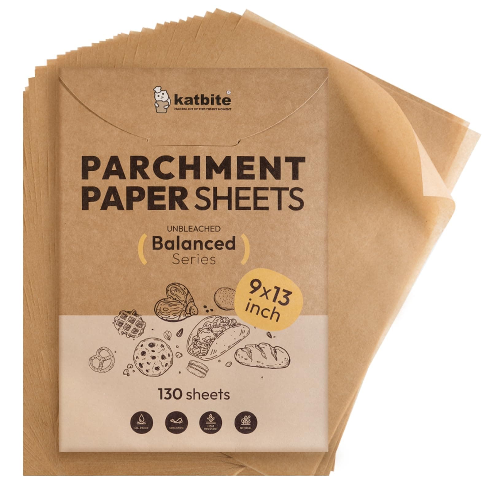 Katbite 130 Pcs Parchment Paper Sheets, 9x13 Inches Unbleached Baking Paper Non-Stick for Gently Baking, Pre-cut Parchment Paper Suitable for Baking, Cooking,Air Fryer [Balanced Series]