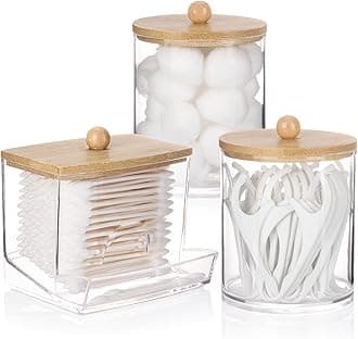 Qtips Dispenser Bathroom Container, 10/12 oz Cotton Ball Holder, Apothecary Jar Organizer for Storage Cotton Swab, Floss Picks (Bamboo Lids)