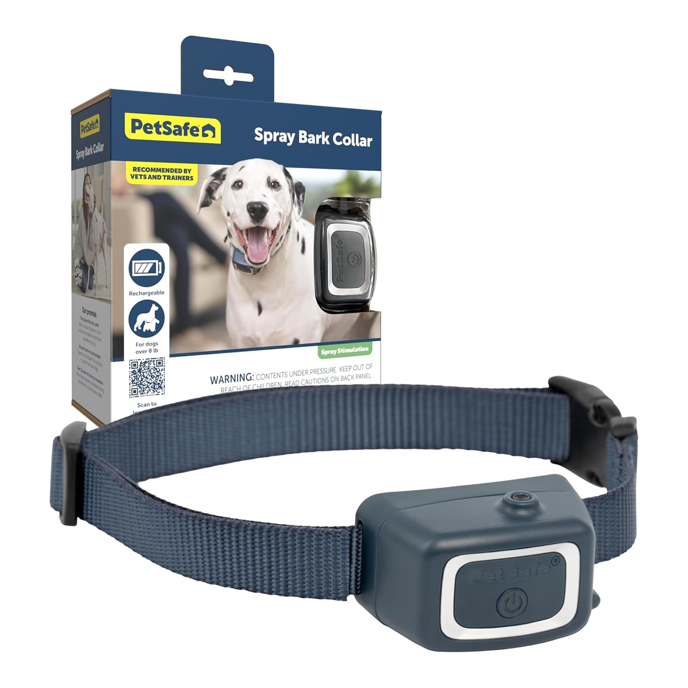 PetSafe Spray Bark Dog Collar, Automatic No Bark Device for Dogs 8 lb. and Up - Rechargeable and Water-Resistant – Includes Citronella and Unscented Spray Refills & USB Charging Cable, Navy