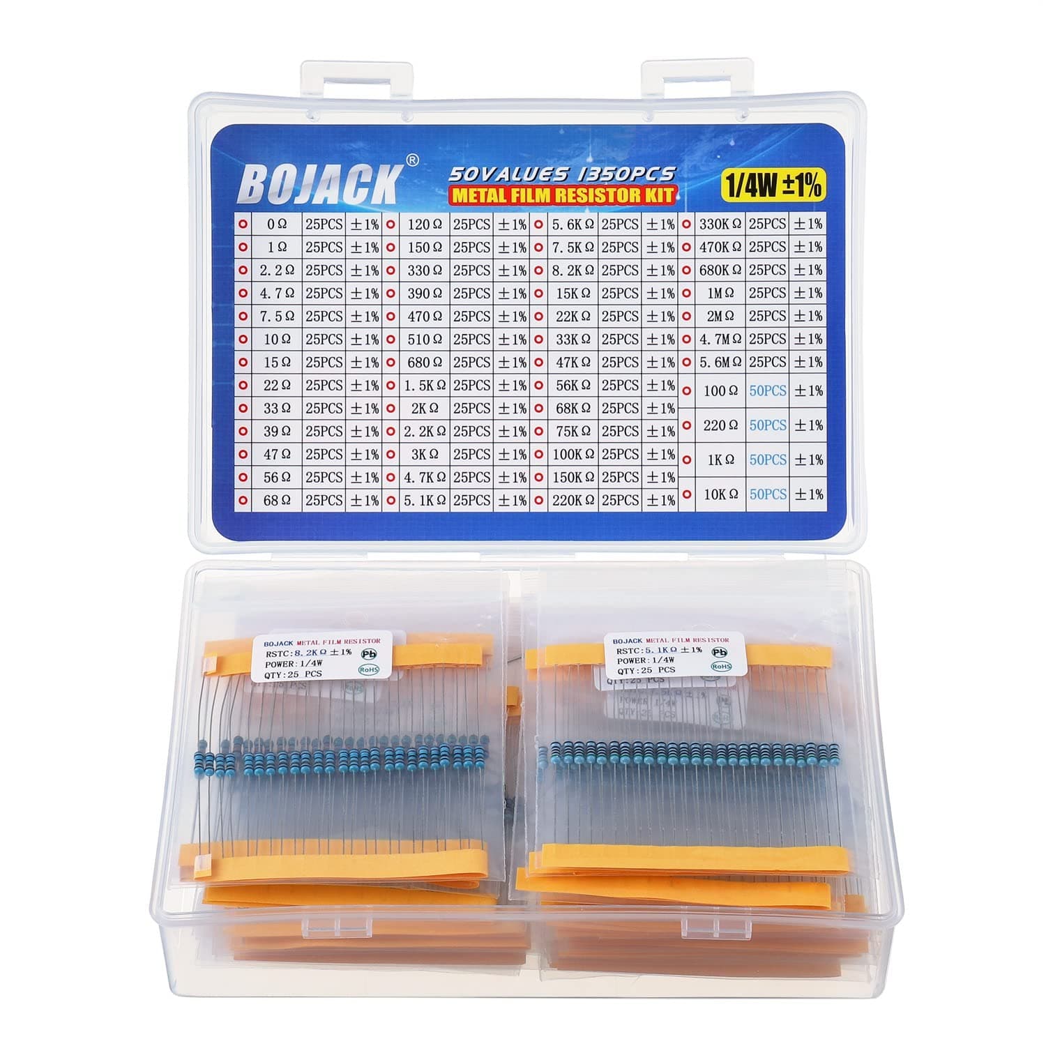 50 Values 1350 Pcs Resistor Kit 0 Ohm-5.6M Ohm with 1% 1/4W Metal Film Resistors Assortment