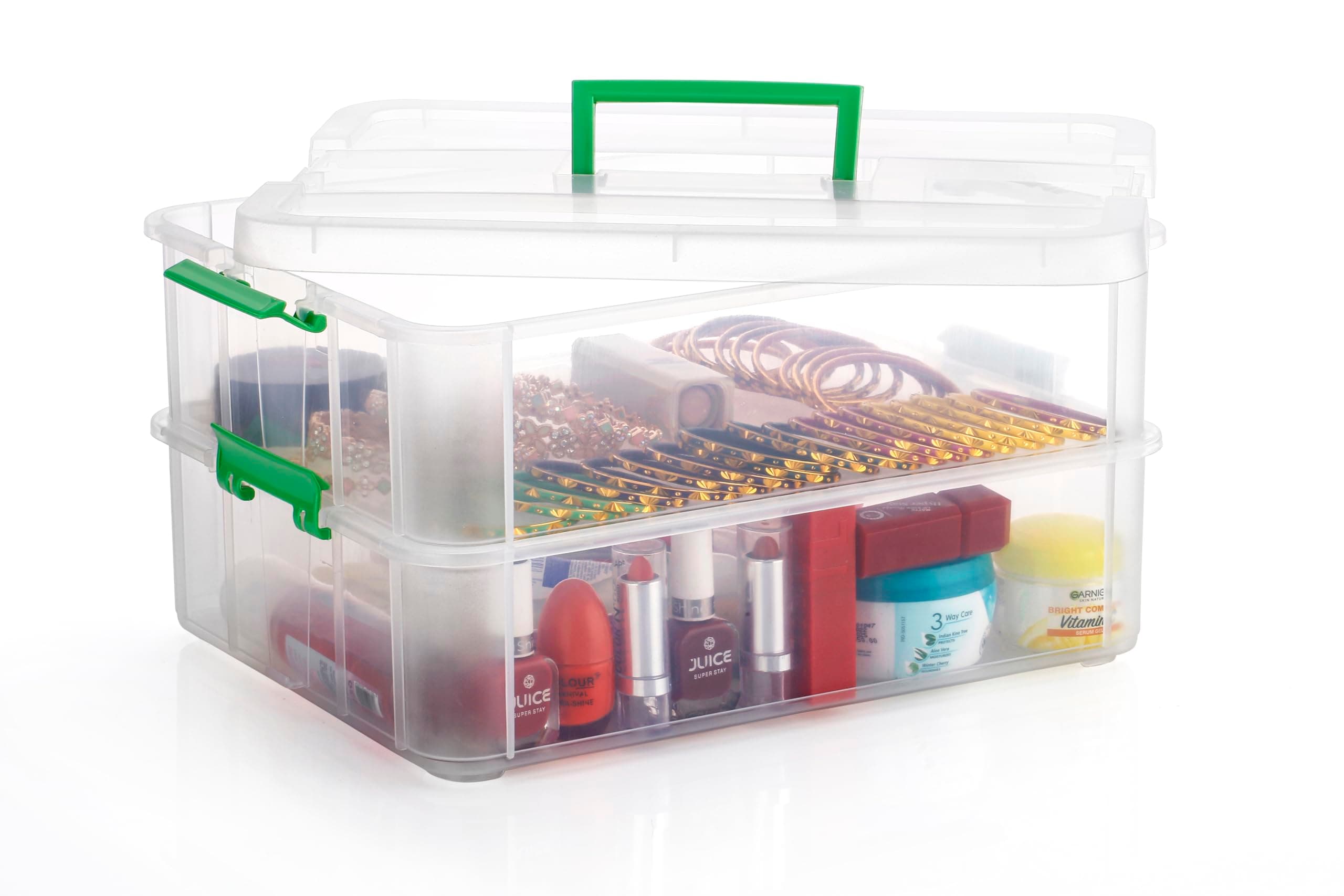 PALAK Plastic Storage Box - 2 Tier Transparent Rectangular Multi Utility Detachable, Portable & Stackable Space Saving Organiser With Lid F (2 Tier, Green)