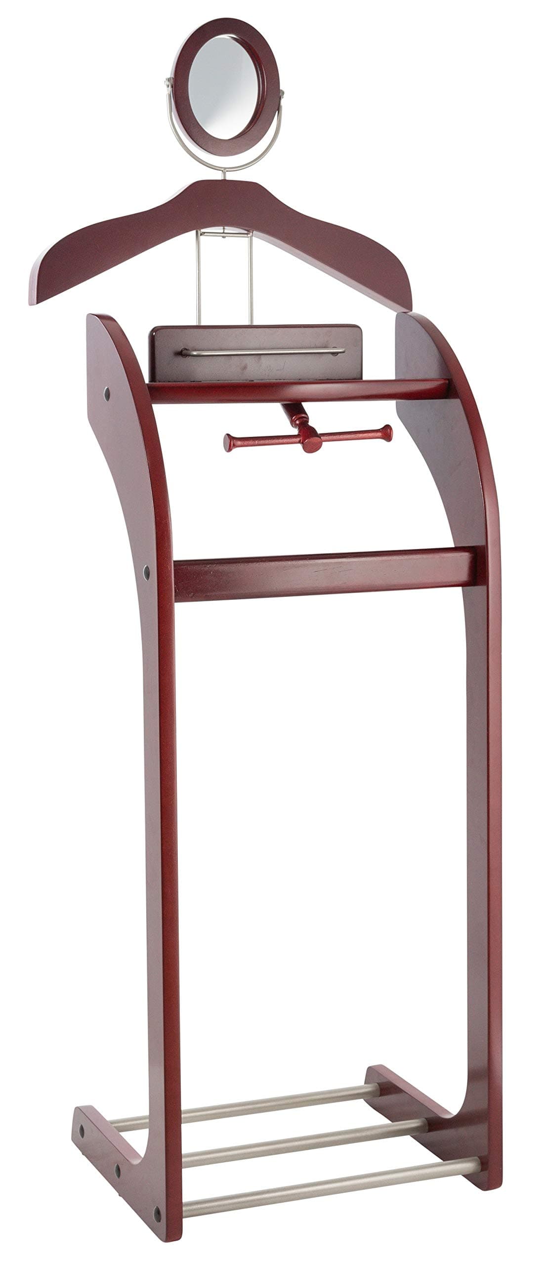 Clothes Valet Stand for Men with Mirror – Beautiful Solid Hardwood Suit Hanging System with Trouser Bar, Jacket Hanger, Tray Organizer, Tie & Belt Hook and Shoe Rack, Mahogany