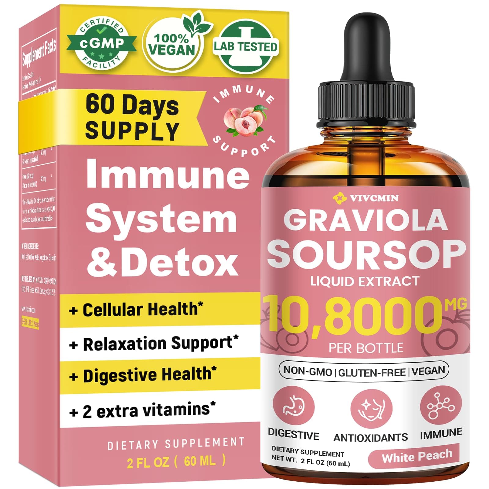 Graviola Soursop Leaf Extract Liquid - Soursop Bitters Liquid, Support Immune, Relax, Liver and Sleep, Sugar & Alcohol-Free, Highly Absorbable Formula, White Peach Flavor, 2 Fl Oz