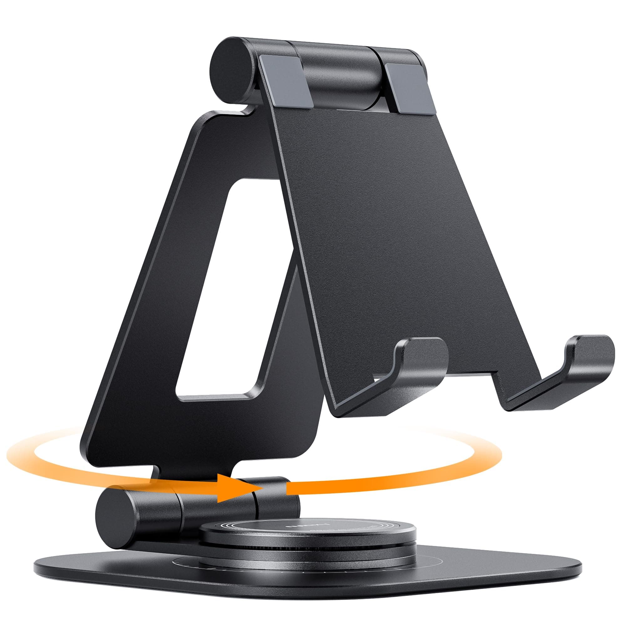 360 Rotating Phone Stand, Fully Foldable Adjustable Desktop Mobile Phone Holder Cradle Dock, Thick Case Friendly, Compatible with iPhone 17 16 15 14 13 12 11 Pro Max Xs, All Smartphones, Black