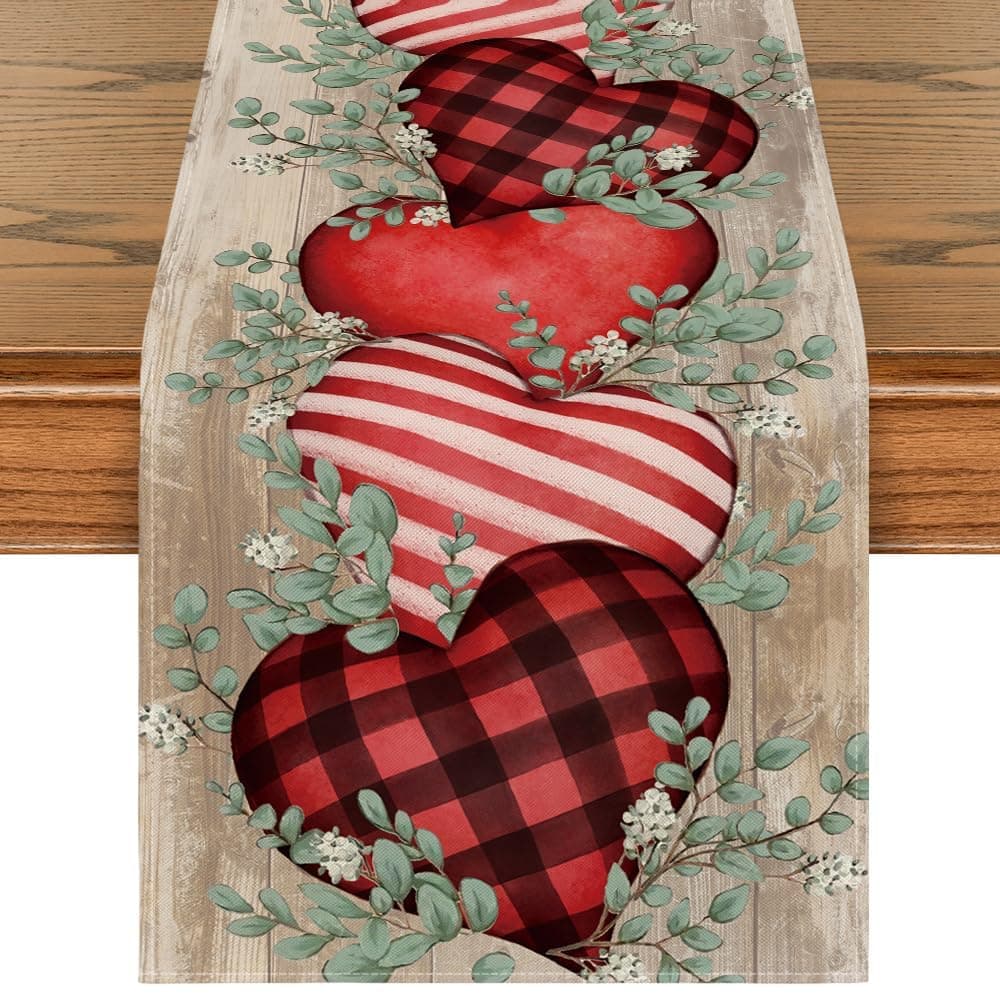 Wood Eucalyptus Hearts Valentine's Table Runner, Anniversary HoliKitchen Dining Table Decoration for Home Party Decor 13x120 Inch