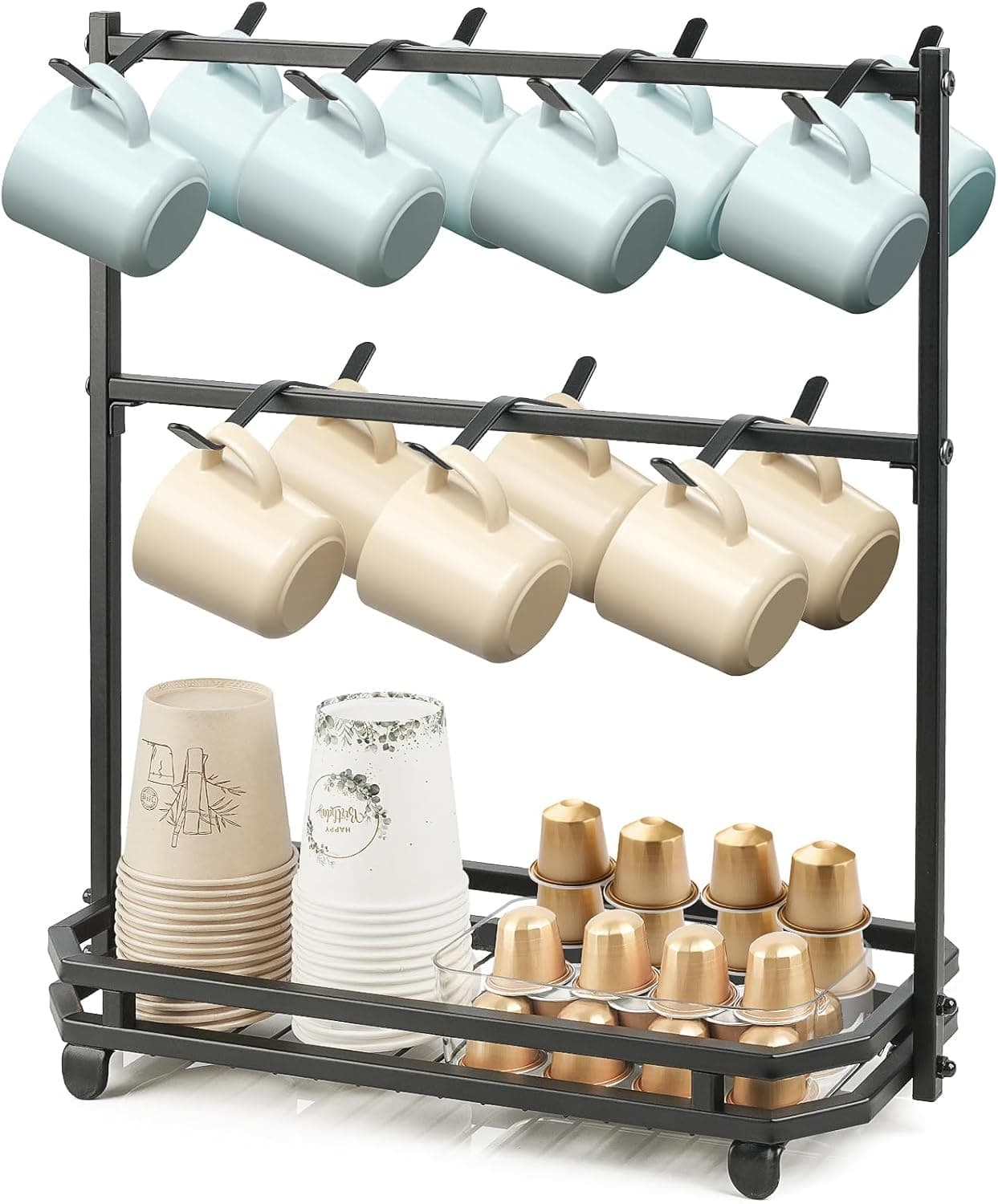 Large Coffee Mug Holder Stand Countertop, Tree Rack for 14 Mugs, 2 Tier Counter Display Storage, Metal Wire Tea Cup Holder for Coffee Station Kitchen Organizer, Not Included Mugs