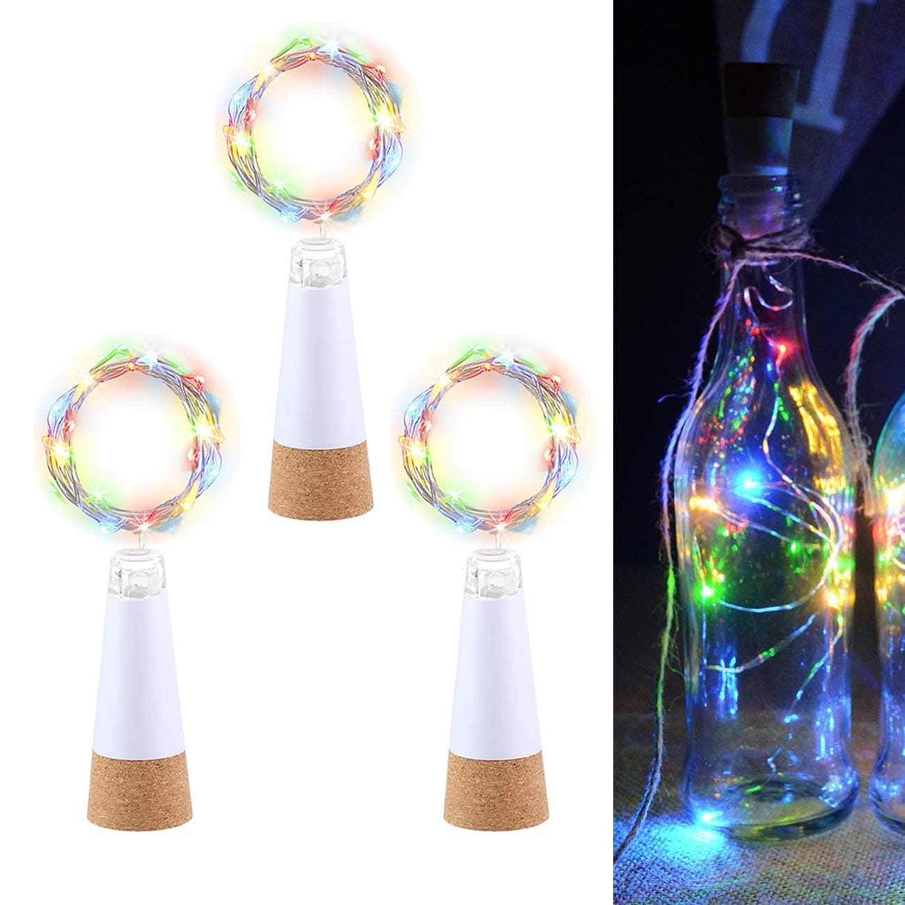 LED Wine Bottle Lights, Multicolor USB Rechargeable No Battery Required, 6.5ft (2M) Copper Wire 20 LED, Cork Light for Halloween Christmas, Outdoor BBQ Party Wedding Holiday Decoration (3 Pack)