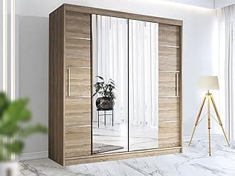 RAC3Race to Road Modern Bedroom Sliding Wardrobe with LED Light - Ample Storage Space and Sleek Design comes in White/Grey/Black/Oak and Width 150cm/180cm/203cm/250cm (Oak, 203cm)