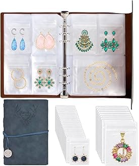 ChezMax Jewelry Organizer, Jewelry Storage Book with Pockets, Foldable Earrings Travel Album, PU Leather Accessories Holder Booklet for Bracelets Necklace Rings (64 Grids+64 Anti-Oxidation PVC Bags)