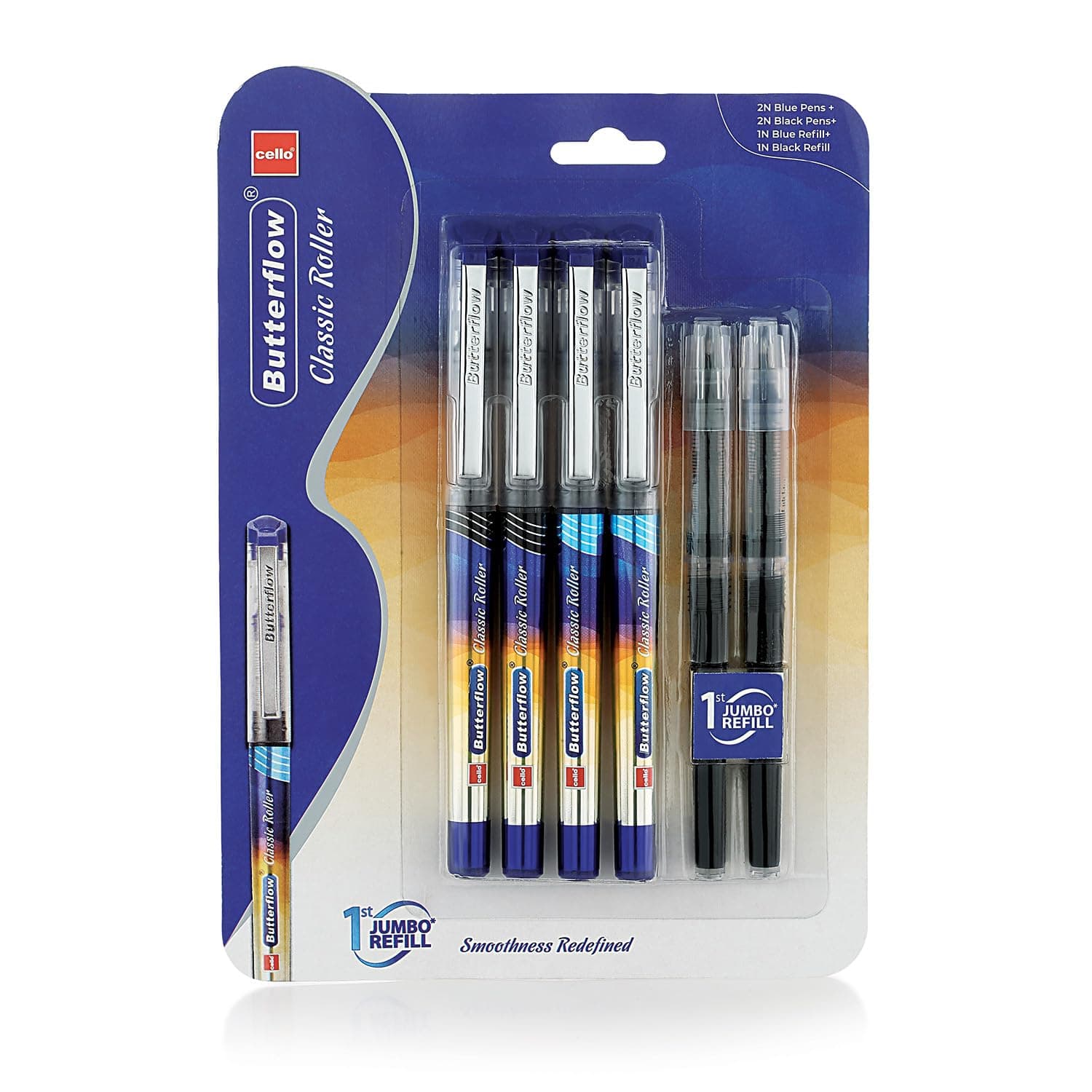Cello Butterflow Classic Roller Pen Set | Pack of 4 Roller Pens | 2 Blue & 2 Black Ink Colour Pens + 2 Jumbo Refills | Smooth Writing Experience | For Students and Office Use | Best Pen for Exams