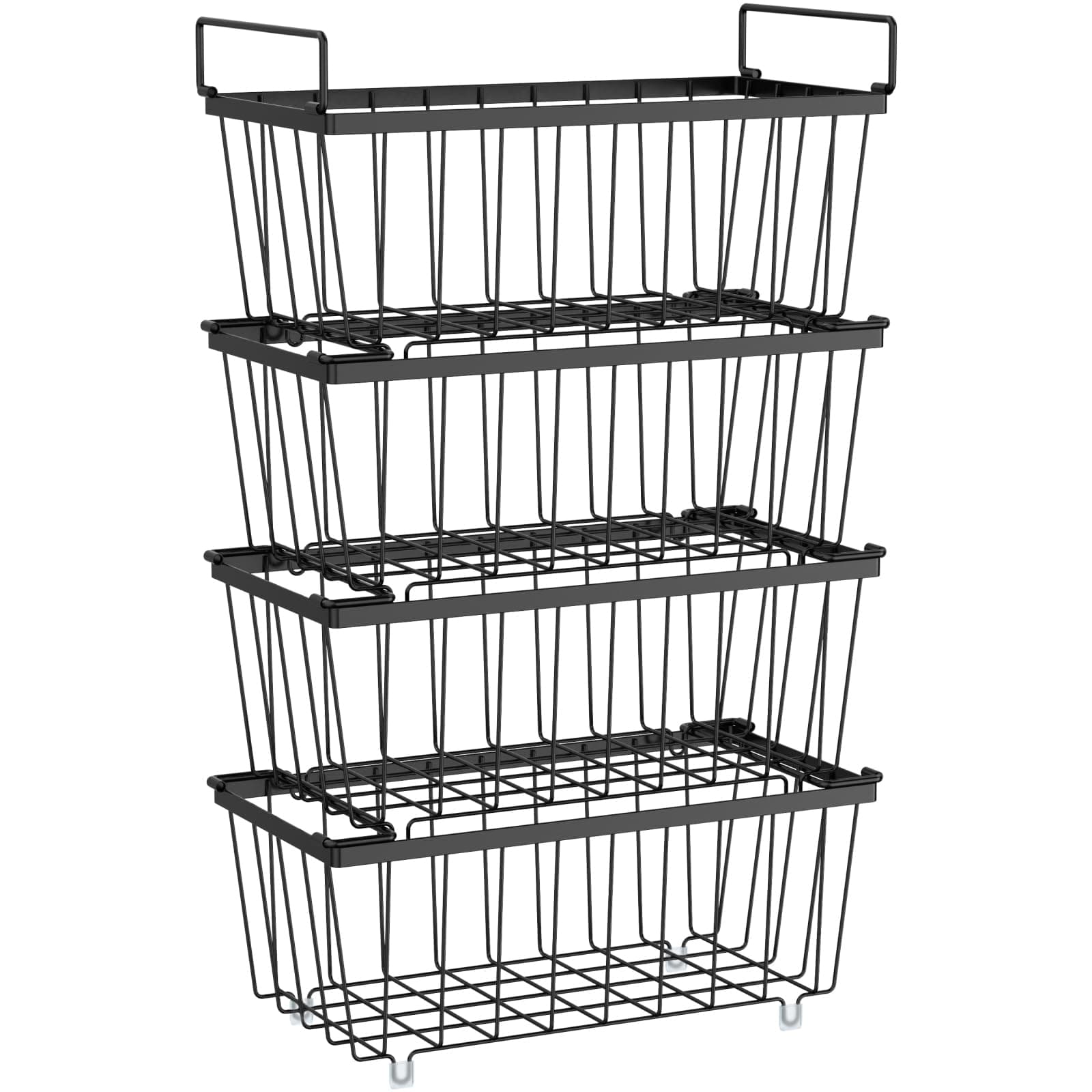 iSPECLE Hanging Stackable Wire Storage Basket - 4 Pack Fruit Baskets with Handles Metal Wire Basket Kitchen Pantry Organizer for Fruit, Vegetables Toiletries, Black