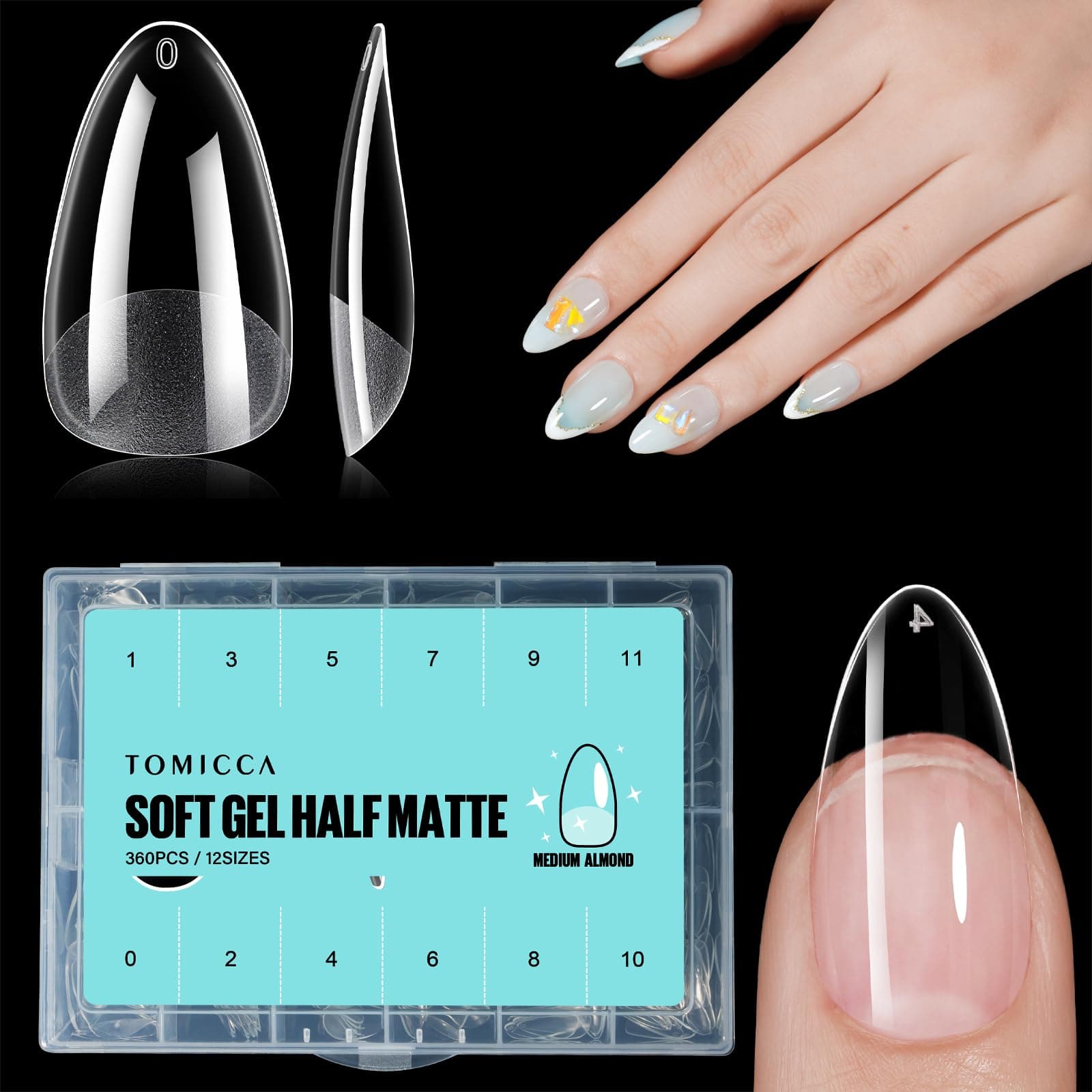 TOMICCA Medium Almond Nail Tips, 360PCS Clear Half Matte Full Cover for Extensions, Pre-Buff No File Traceless for Nail Art Salon and Home DIY, 12 Sizes