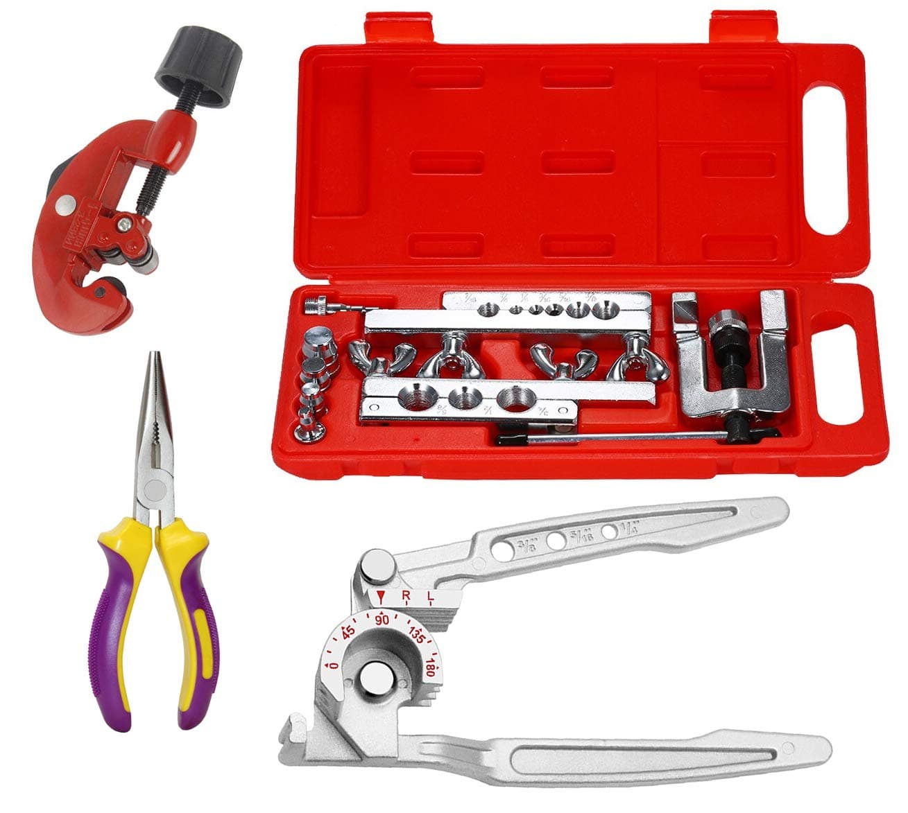 Digital Craft 8PCS Heavy-Duty Flaring Tool Kit | Manual Double Flaring Expander Set | Steel Tube Swaging Kit with 3-in-1 Tubing Pipe Bender, 3-28mm Copper Pipe Cutter & Nose Plier