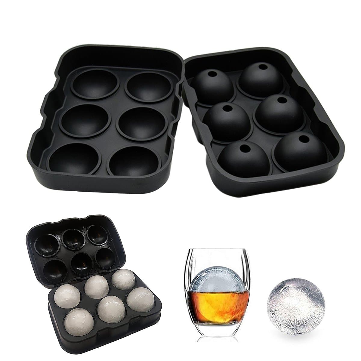 Ice Cube Tray Mold - Black Silicone Ice Ball Maker With 6 X 4.5cm Round Ice Ball Spheres for Whiskey, Cocktails & Bourbon