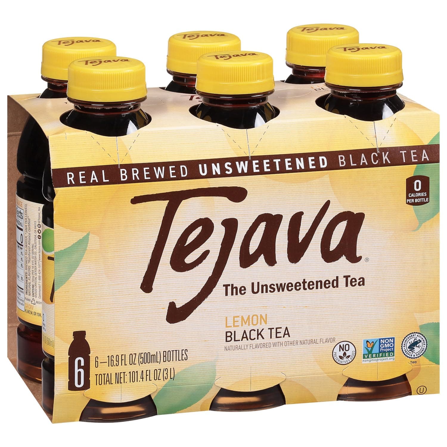 Tejava Lemon Black Iced Tea, 6 Pack, 16.9oz PET Bottles, Unsweetened, Non-GMO, Kosher, No Sugar or Sweeteners, No calories, No Preservatives, Brewed in Small Batches