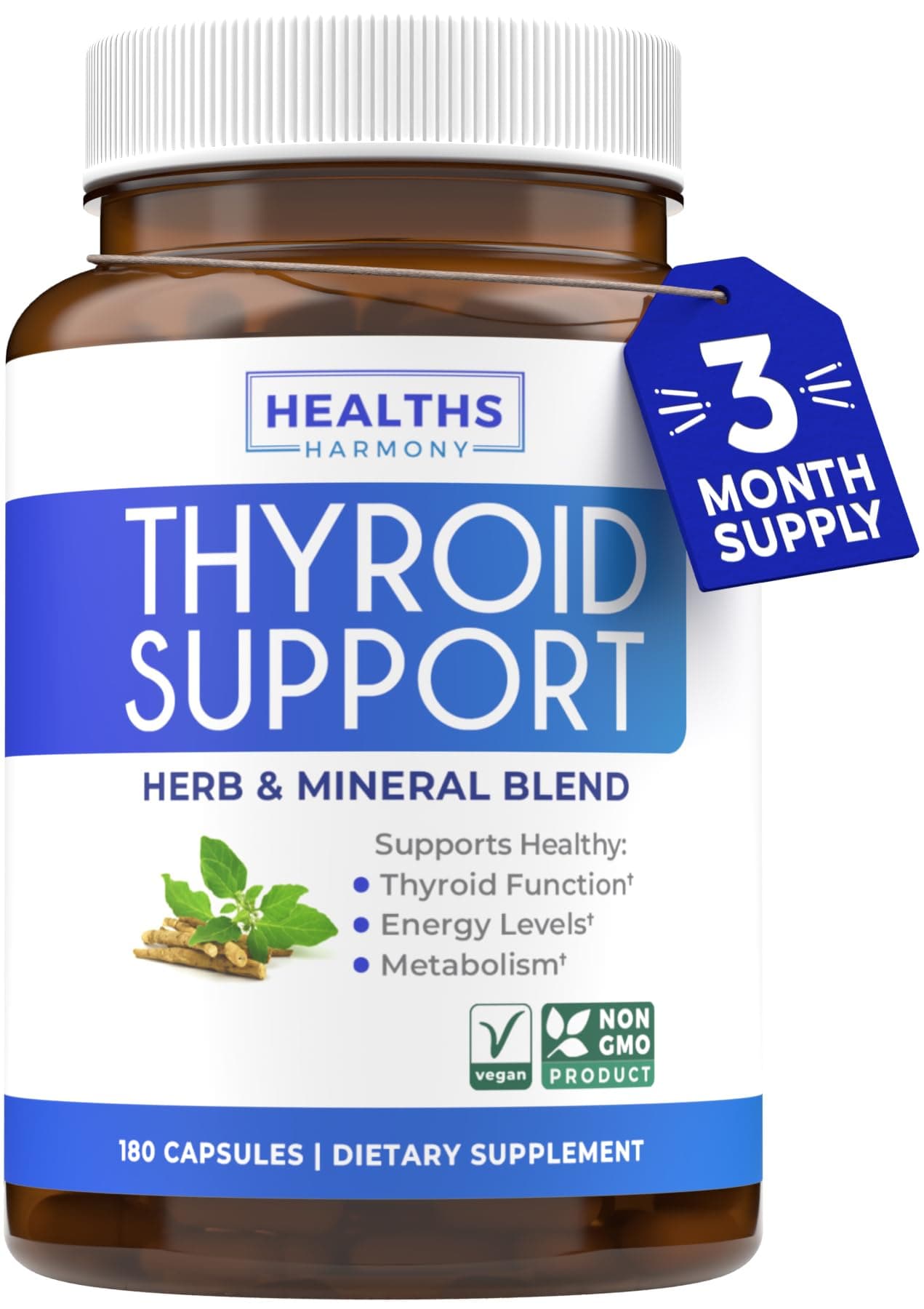 Thyroid Support with Iodine - 180 Capsules (Non-GMO) Improve Your Energy - Ashwagandha Root, Zinc, Selenium, Vitamin B12 Complex - Thyroid Health Supplement for Women and for Men - 90 Day Supply