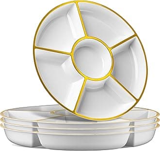 Plasticpro 6 Sectional Round Plastic Serving Tray/Platter (2, White & Gold)