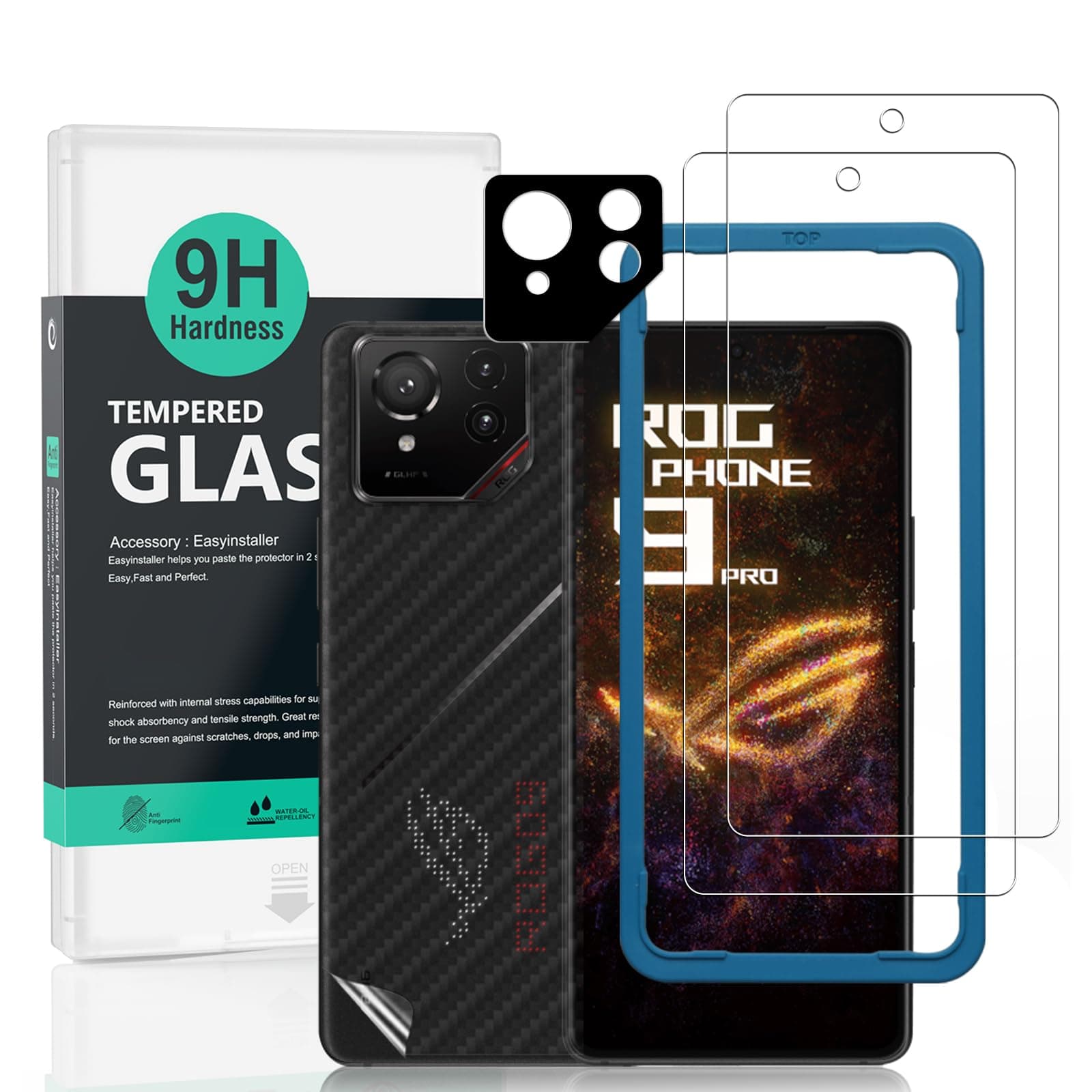 2 Pack Screen Protector For Asus ROG Phone 9 Pro 5G 6.78",9H Hardness Tempered Glass,With 1Pc Camera Lens Protector,1Pc Back Carbon Fiber Film,Easy to install