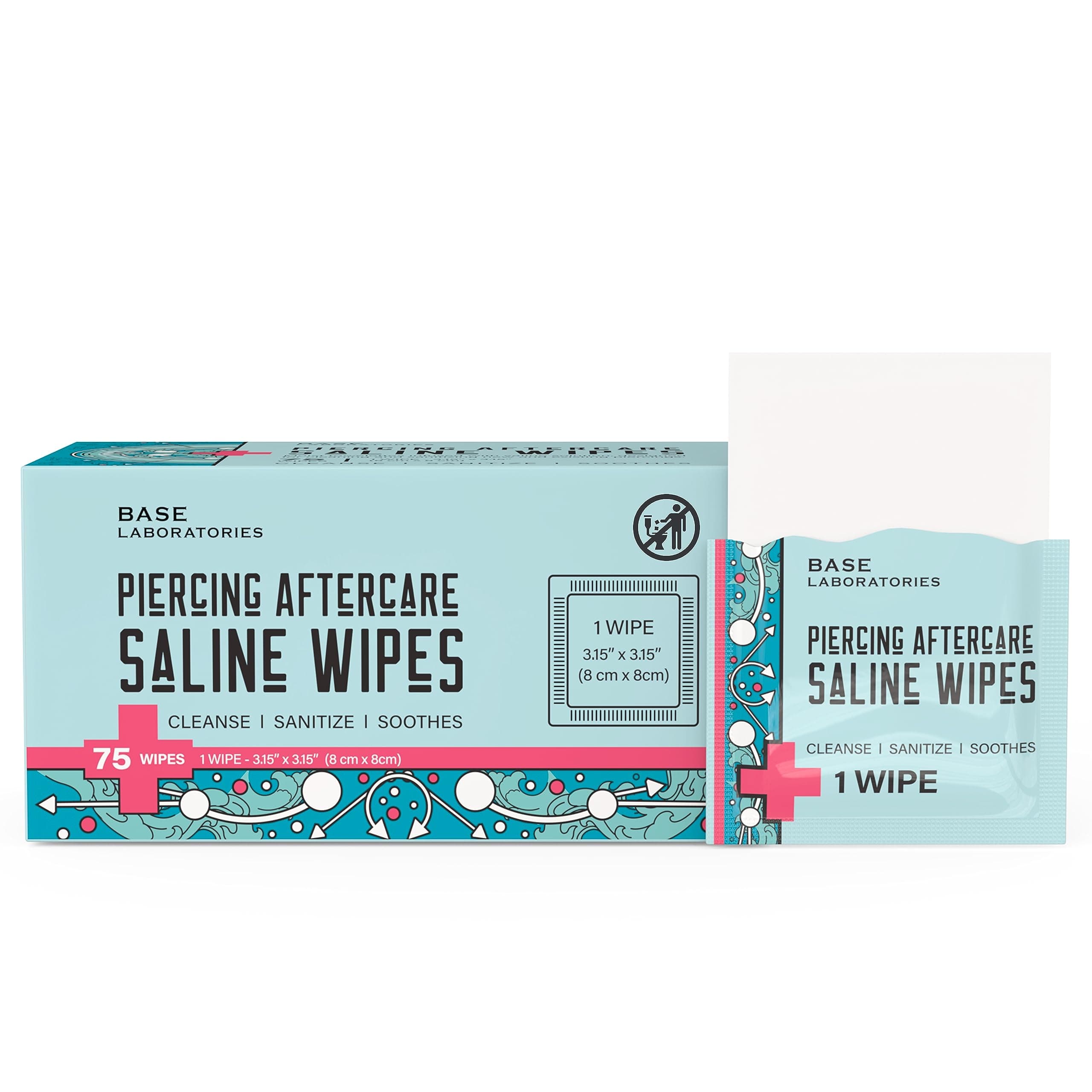 Base Labs Piercing Aftercare Wipes | Piercing Cleaning Solution - 75 Wipes | Cleanses & Sanitizes all Body, Nose, Ear Piercings | Saline Solution Piercing - Keloid & Piercing Bump Treatment Wipes