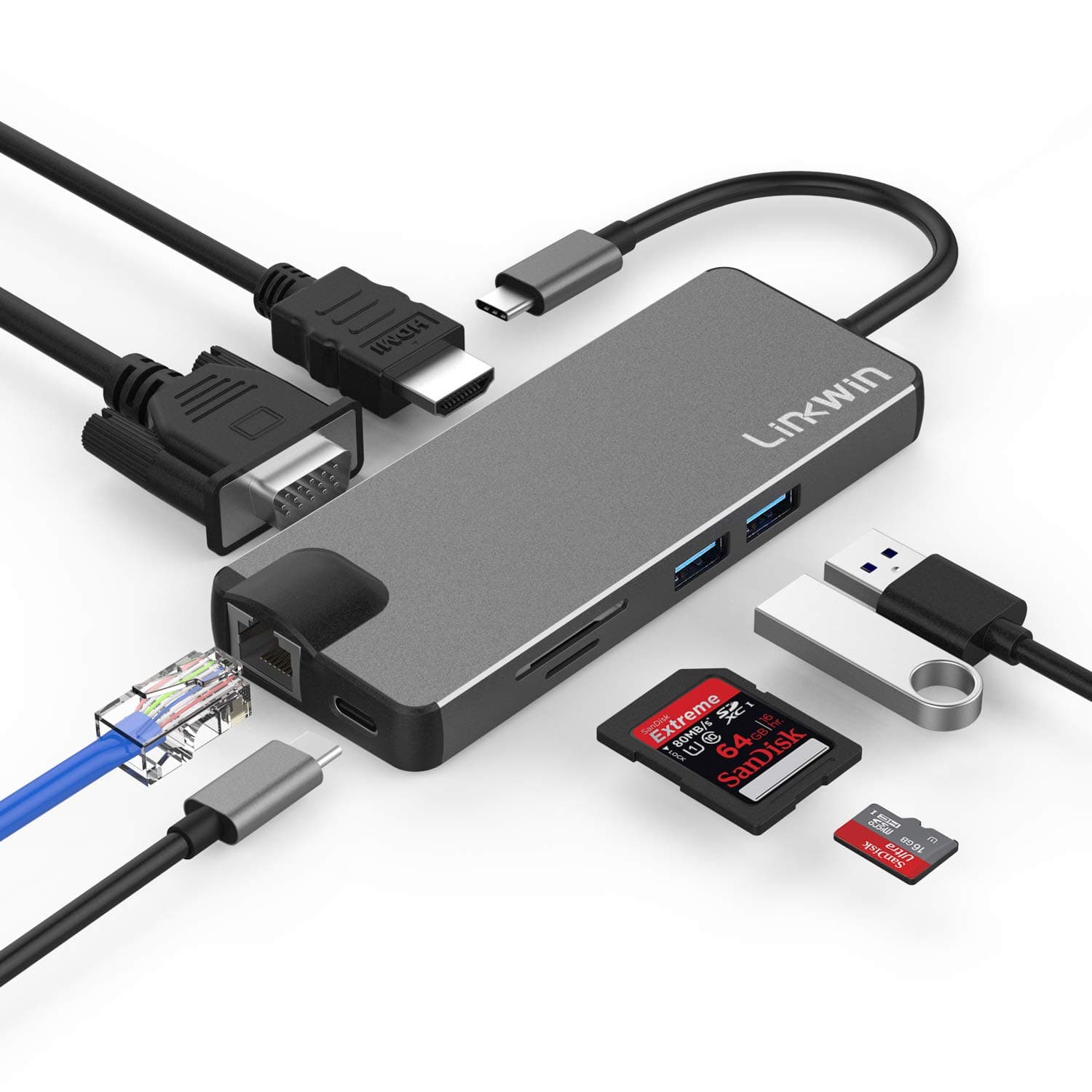 USB C Hub, 8 in 1 USB C Adapter with Gigabit Ethernet Port, PD Type C Charging Port, 4K HDMI, VGA, SD TF Card Reader, 2 USB 3.0 Ports Compatible for MacBook, ChromeBook More