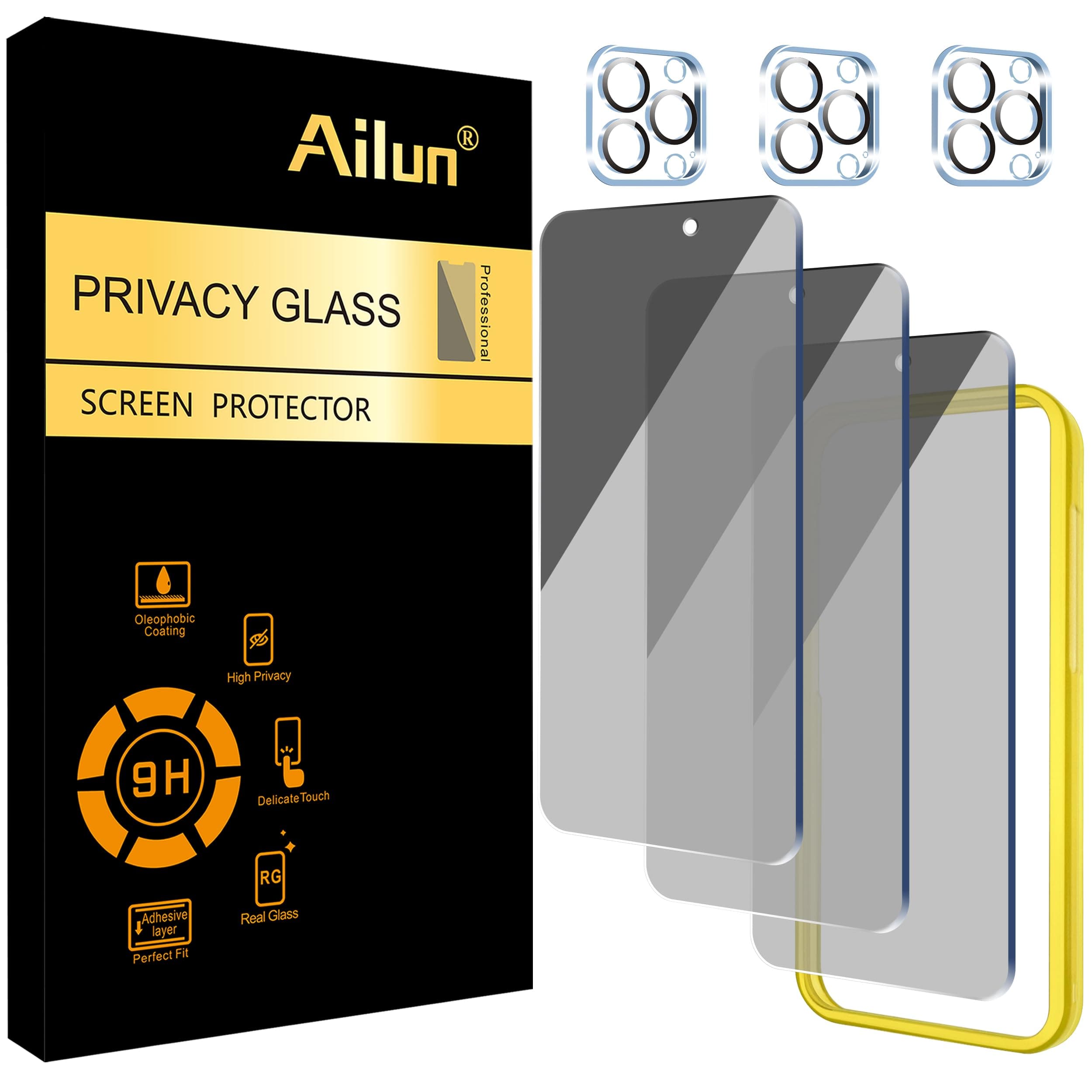 Ailun 3Pack Privacy Screen Protector for iPhone 15 Pro[6.1 inch] + 3Pack Camera Lens Protector,Sensor Protection,Dynamic Island Compatible,Anti Spy Private Tempered Glass,[9H Hardness]-HD[6 Pack]