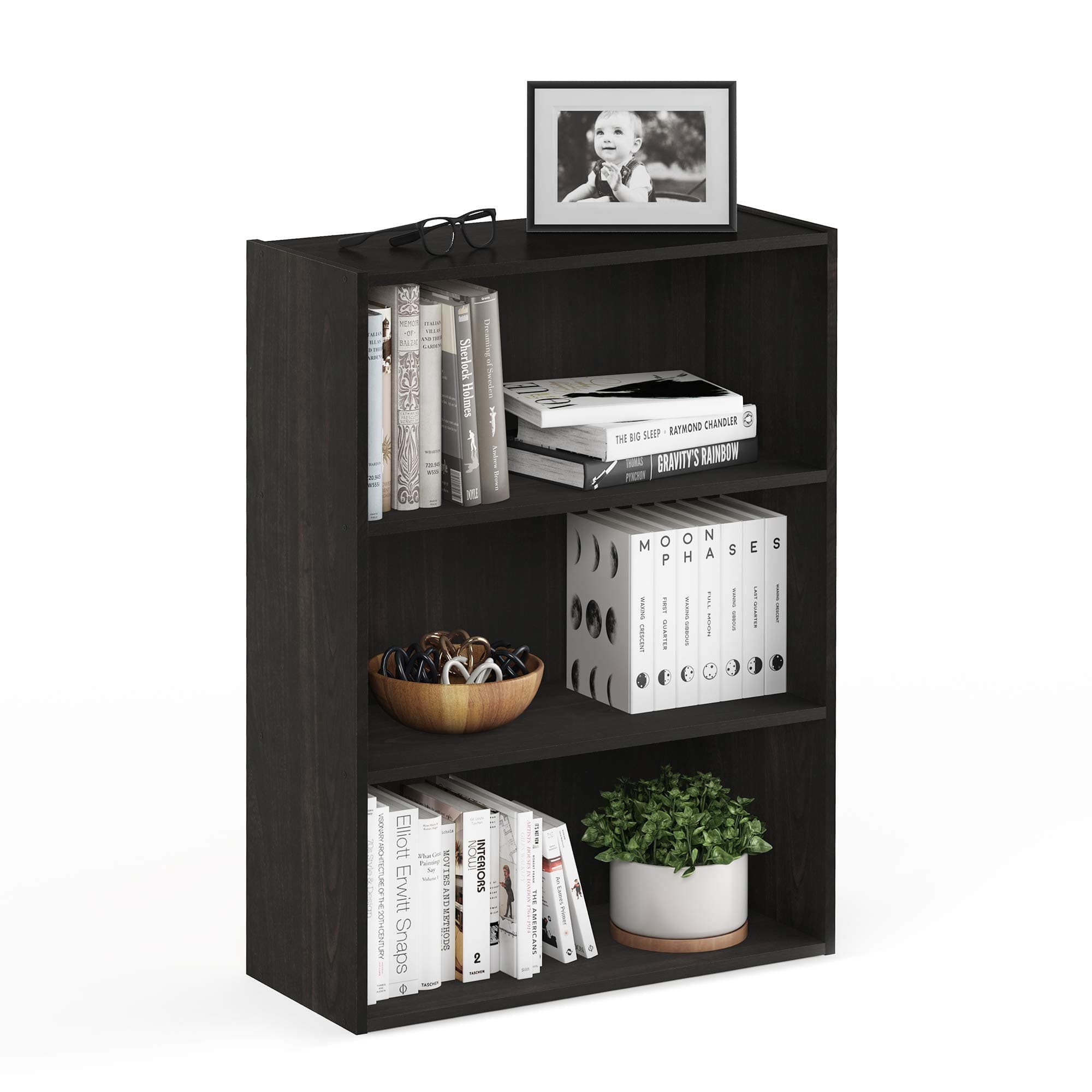 Furinno PASIR Book Shelf, 3-Tier Bookshelf, Storage Shelves Bookcase, 9.7 x 23.7 x 31.5, for Living Room, Bedroom, Home Office, Espresso