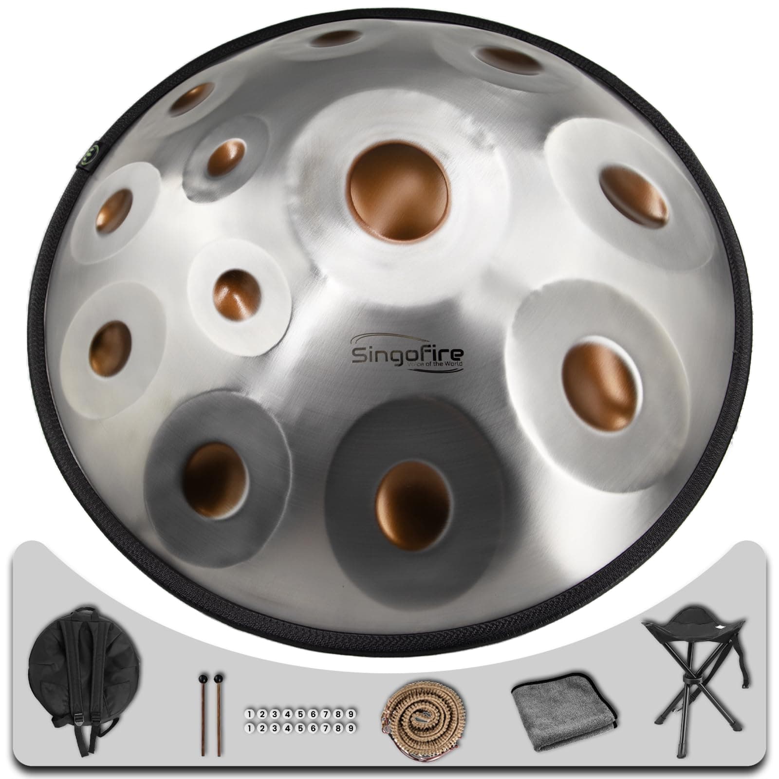 "SINGOFIRE" 12-Notes Handpan Drum, Handpan Drums for Adults, 22-Inch 440Hz D Minor Kurd, HandPan Instrument with Soft Handpan Bag, 2 Mallets, Handpan Stand and Dust-Free Cloth(Gold Eye)