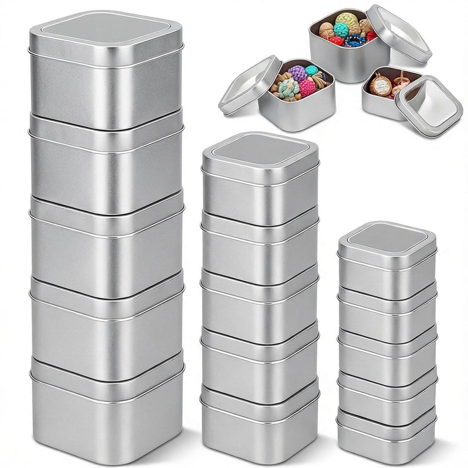 Goodma 18-Pack Empty Square Silver Metal Tins with Clear Window for Candle Making, Candies, Gifts & Treasures, Mixed Sizes