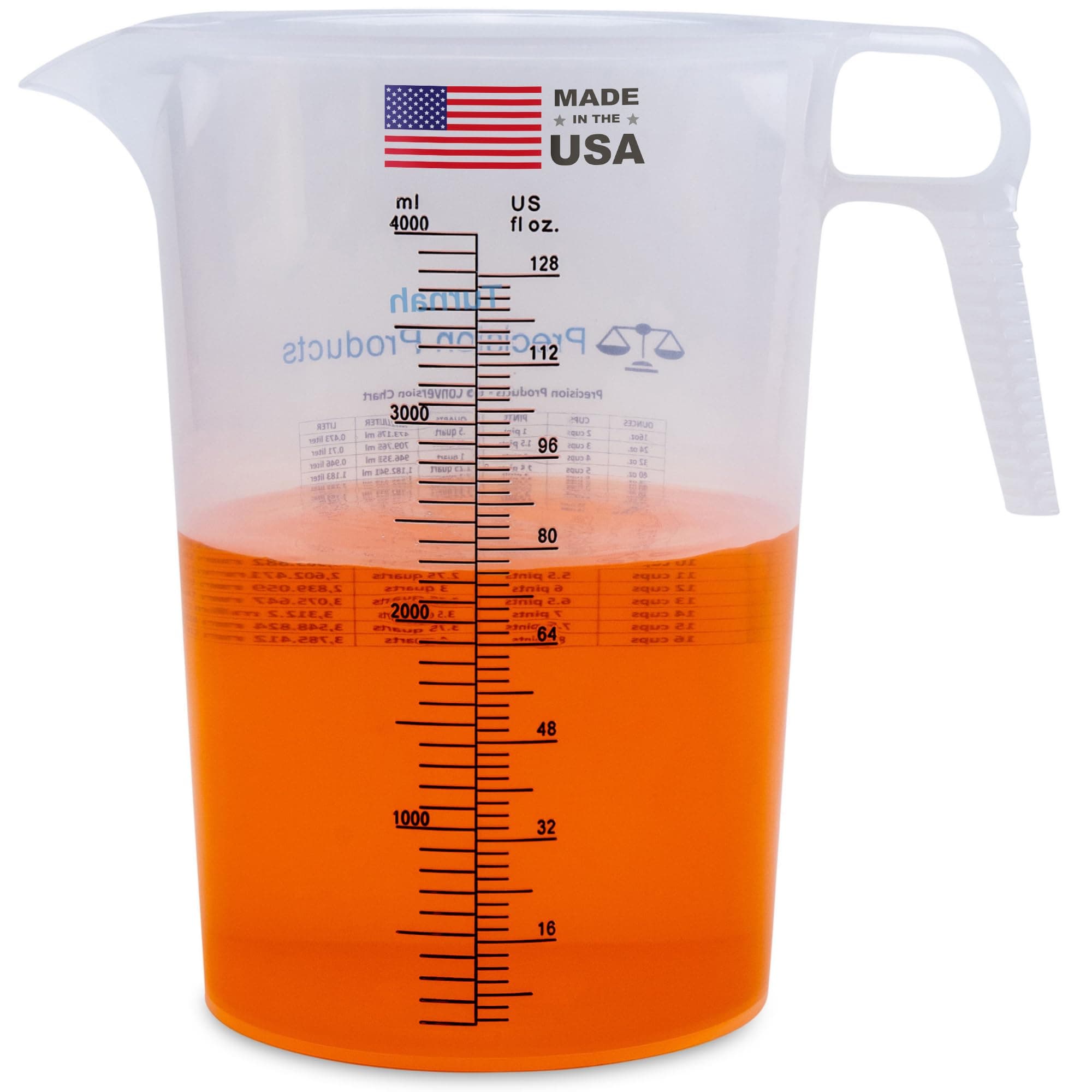 - One Gallon 128oz Measure Pitcher - Convenient Conversion Chart - Strong Food Grade - Great for Lawn, Chemicals Pool, Ag, Lye, Home Hobbies, Motor Oil, Fluids - Turnah Precision Products, Made in USA