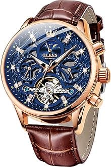 Men's Watch Leather Skeleton Automatic Mechanical Tourbillon Calendar Moon Phase Luminous Waterproof Luxury Business Wristwatch