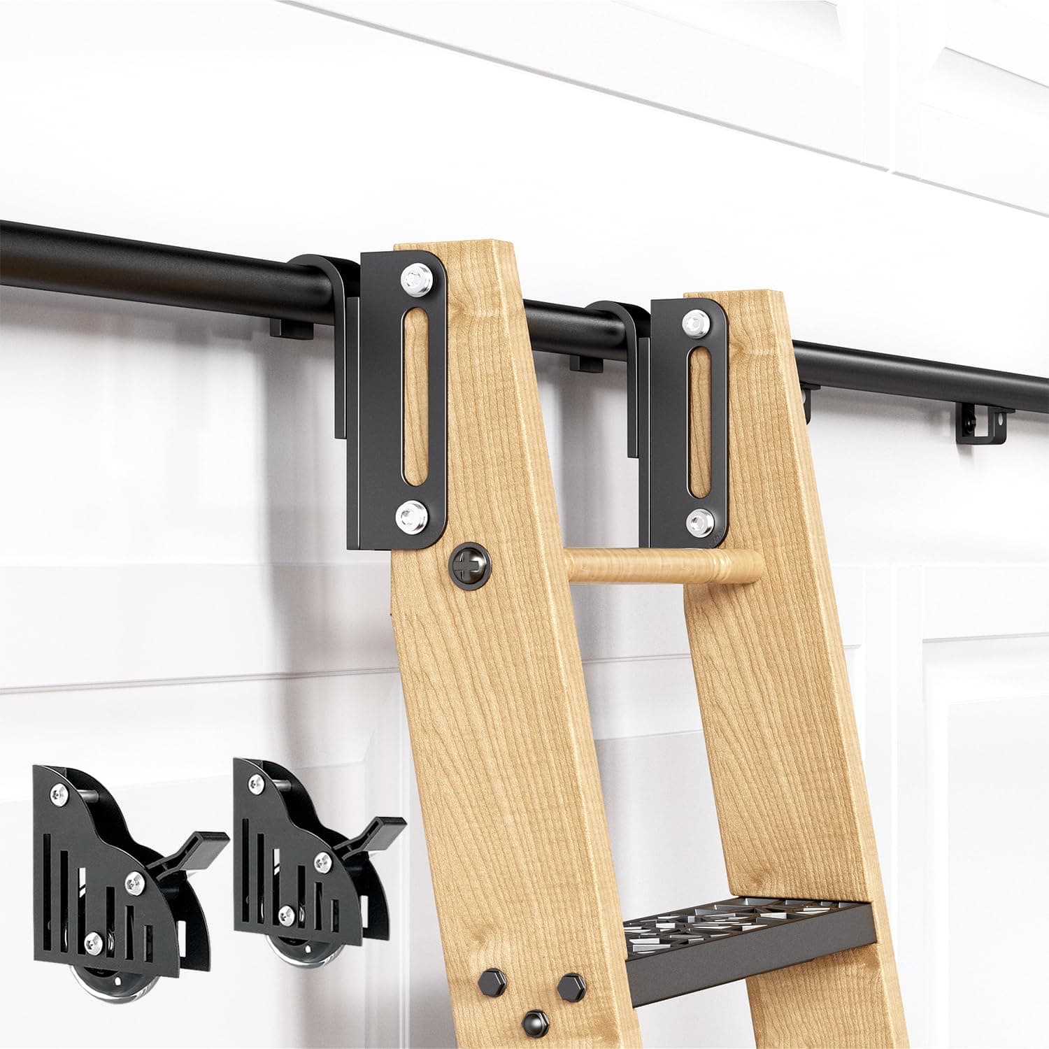 6.6FT Telescopic Hook on Sliding Library Ladder Hardware,Includes Bottom Wheel with Brake,MAX Load 300lbs
