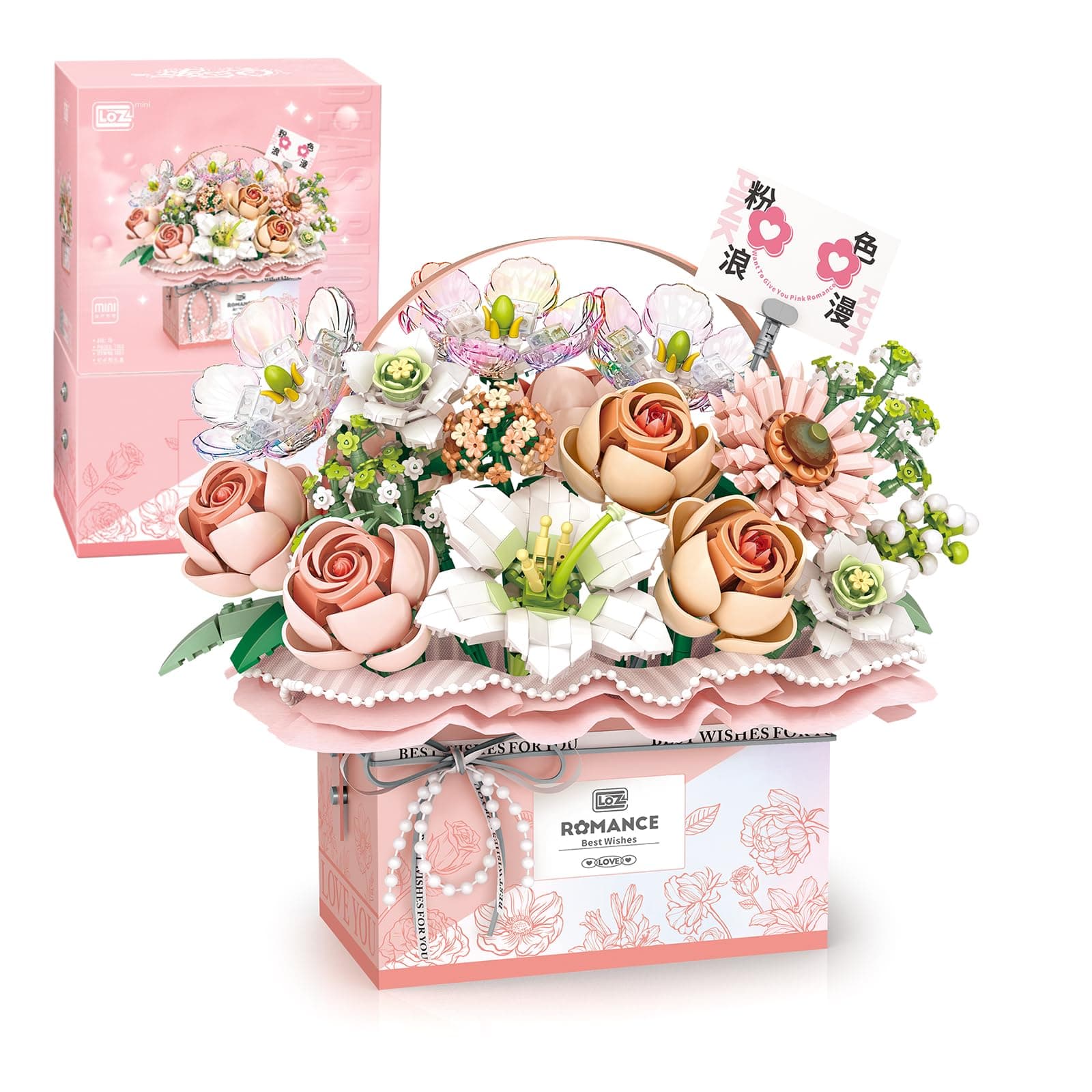 MEIEST Flower Building Blocks Set,Simulation Rose Handheld Gift Box for Valentine's Day,Bonsai Building Bricks Toys & Home Decor (Fantasy Pink)