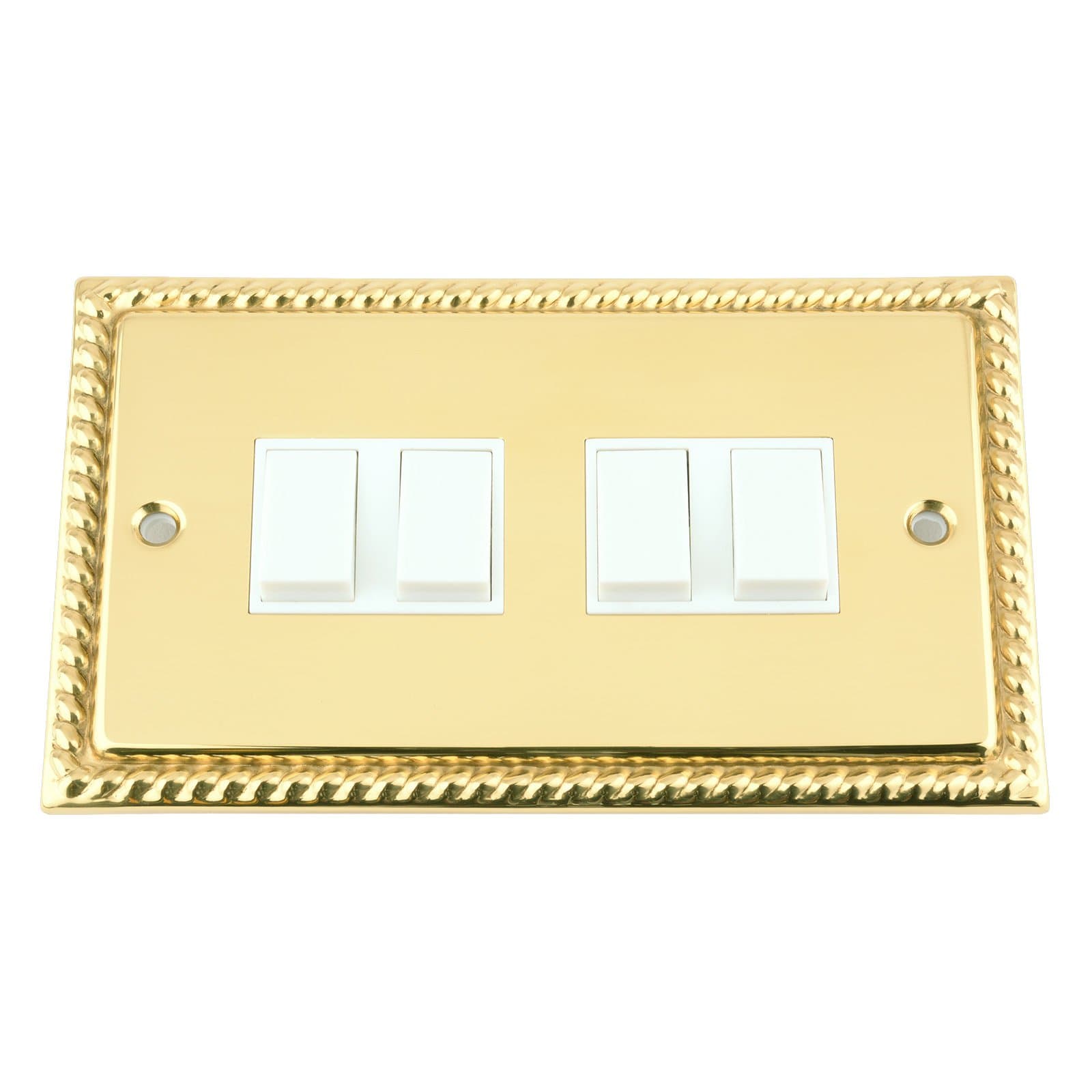 Light Switch 4 Gang - Polished Brass Georgian - White Insert Plastic Switch - 10 Amp Quad 4 Gang 2 Way