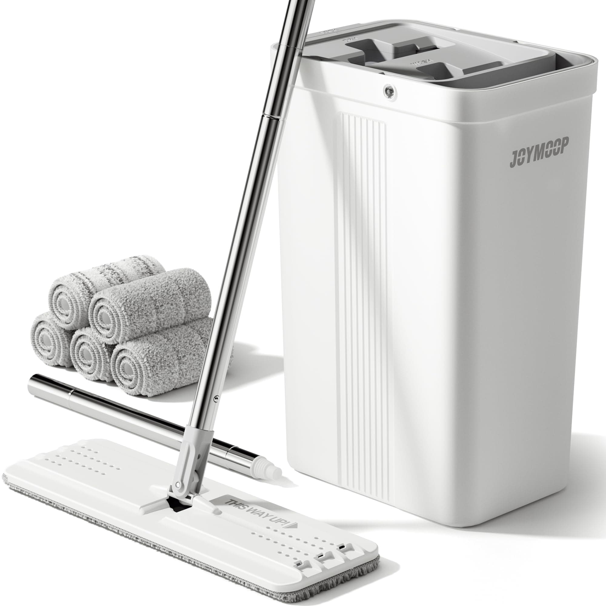 JOYMOOP Mop and Bucket with Wringer Set, White Flat Squeeze Mop Bucket Set for Floor Cleaning, Wet Dry Mops for Walls, Wall Cleaner with Long Handle, Hardwood Floor Mop-5 Microfiber Cloths